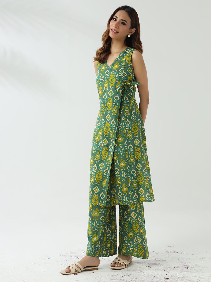 Women Green Three-Quarter Sleeves Striped Straight Pure Cotton Kurta With Palazzo Set