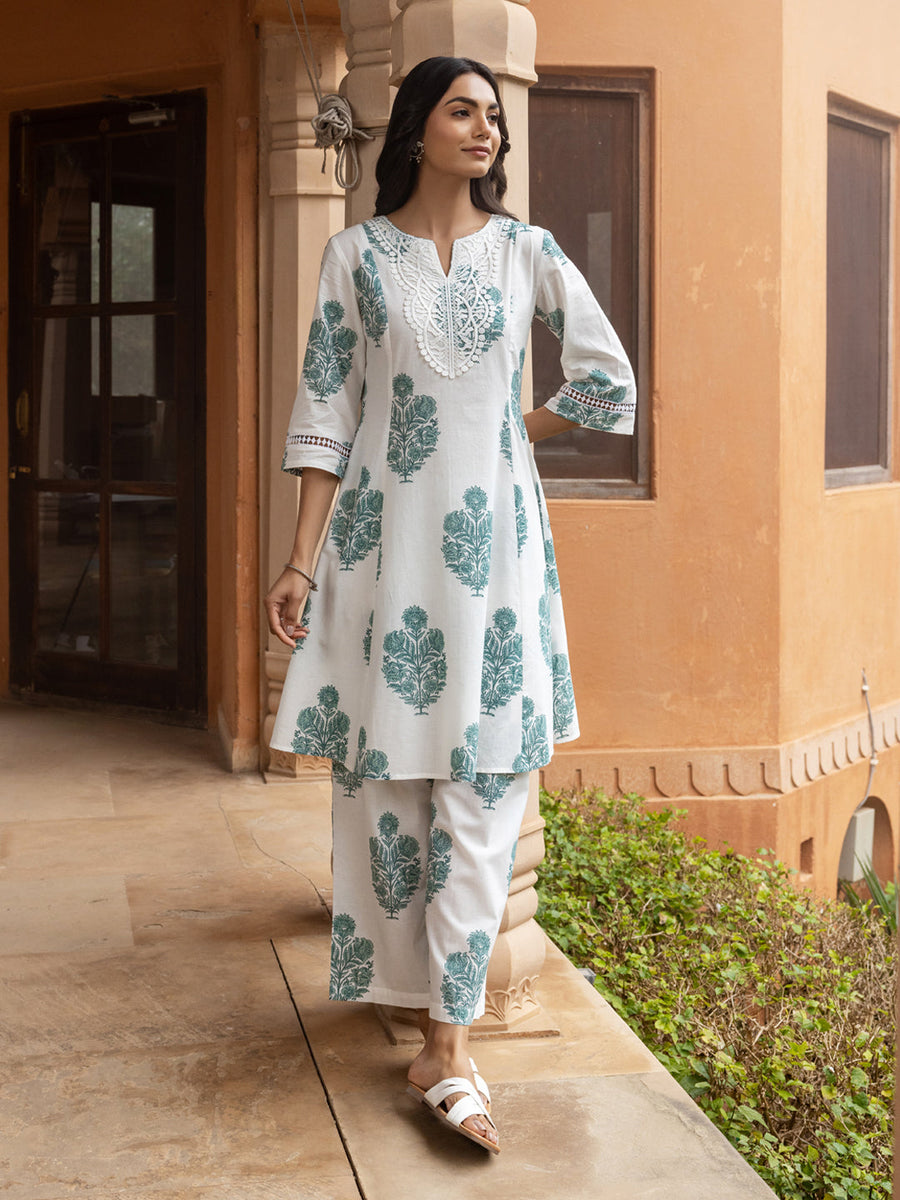 FIORRA Women's Pure Cotton Flared Kurta Set With Palazzo & Dupatta – Off White Printed Ethnic Outfit