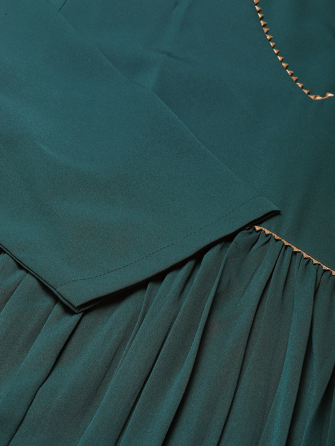 FIORRA Women's Teal Green Crepe Gathered Flared Kurta with Pant and Dupatta