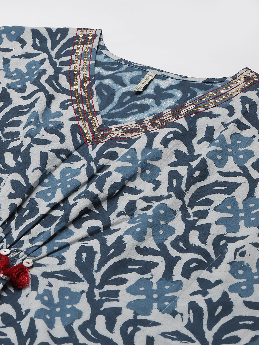 FIORRA Women's Floral Printed Blue Cotton Kaftan