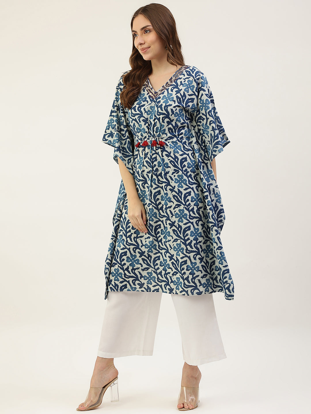 FIORRA Women's Floral Printed Blue Cotton Kaftan