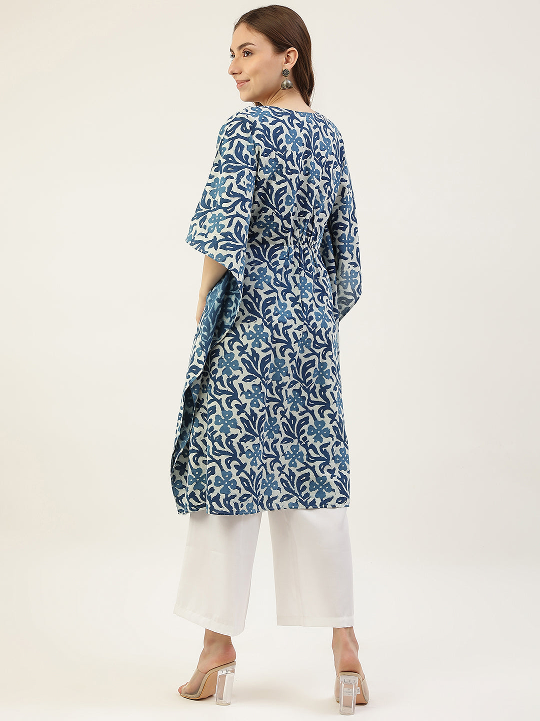 FIORRA Women's Floral Printed Blue Cotton Kaftan