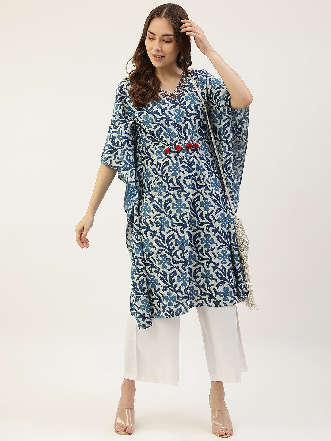 FIORRA Women's Floral Printed Blue Cotton Kaftan