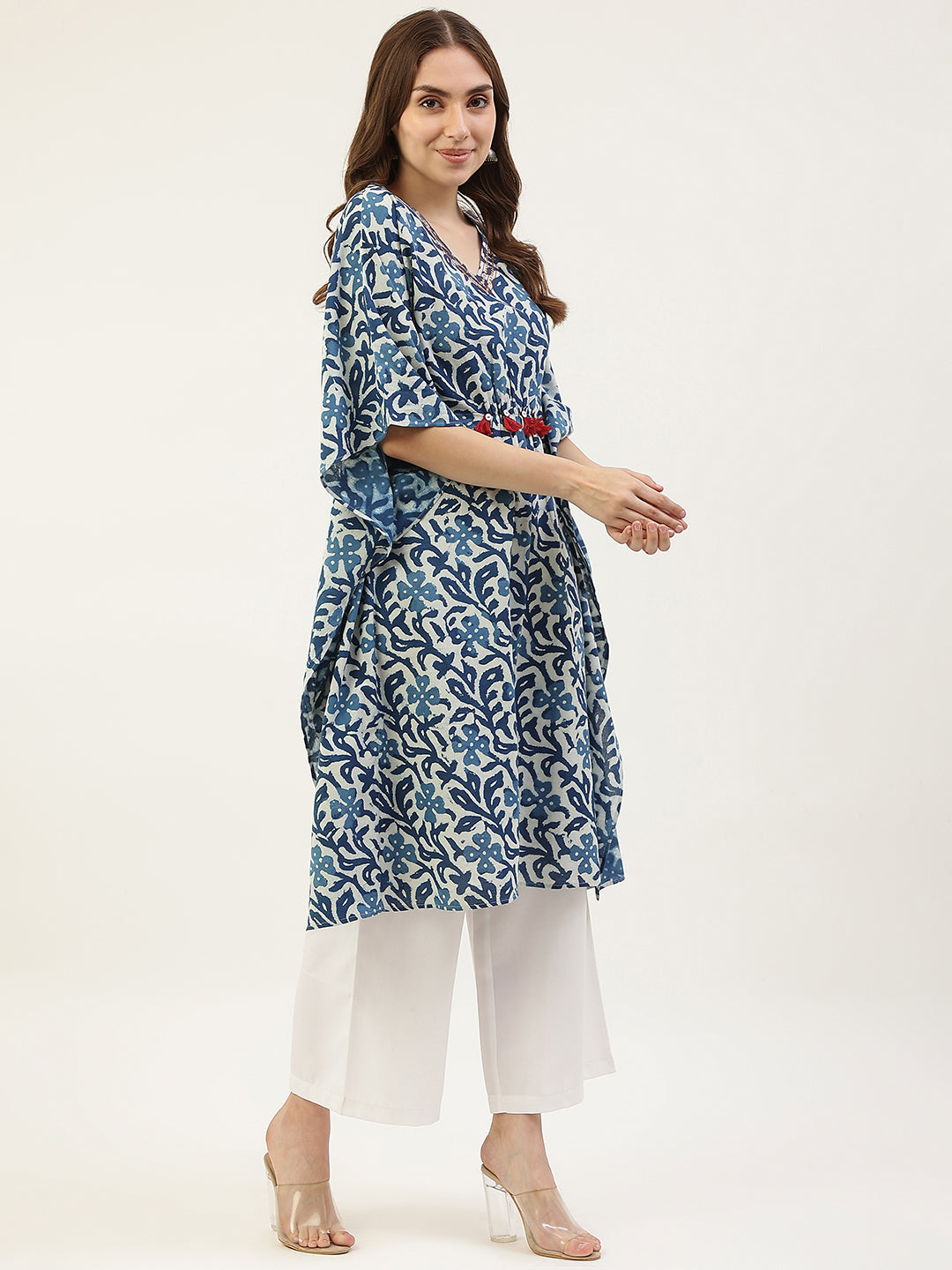 FIORRA Women's Floral Printed Blue Cotton Kaftan