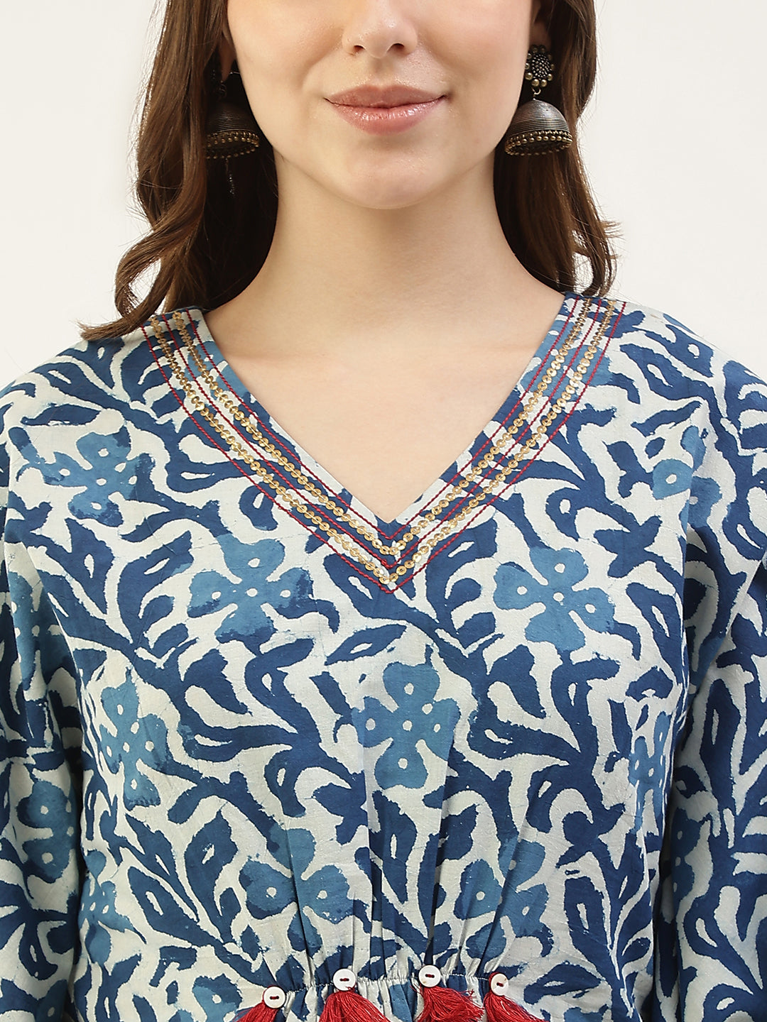 FIORRA Women's Floral Printed Blue Cotton Kaftan