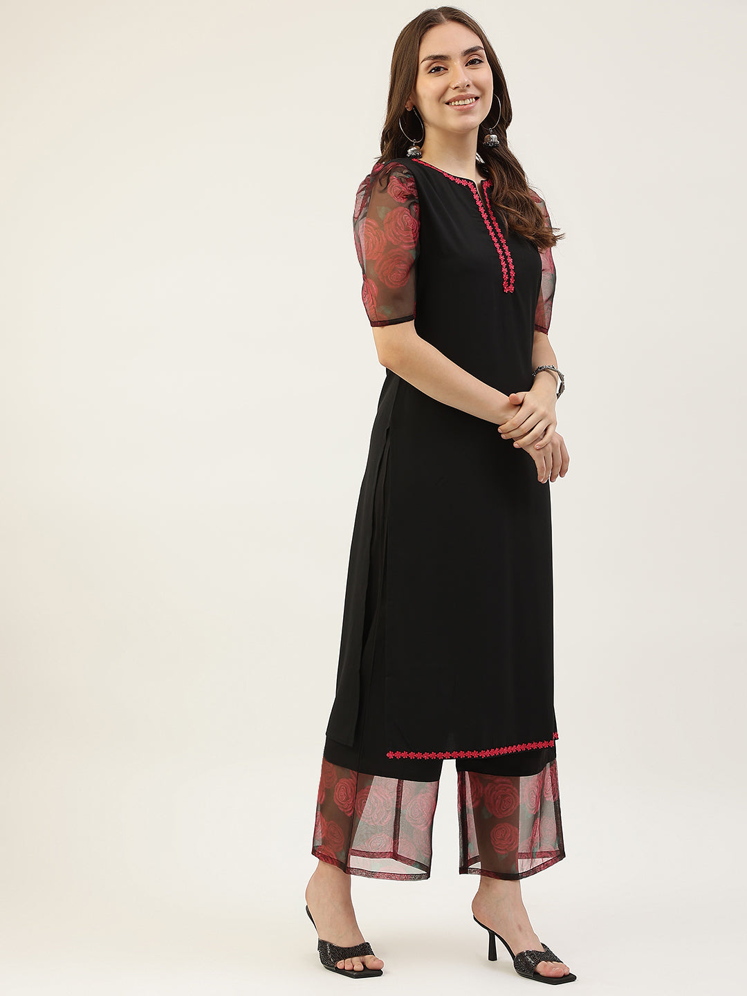 FIORRA Women's Black Crepe Straight Kurta with Palazzo and Dupatta