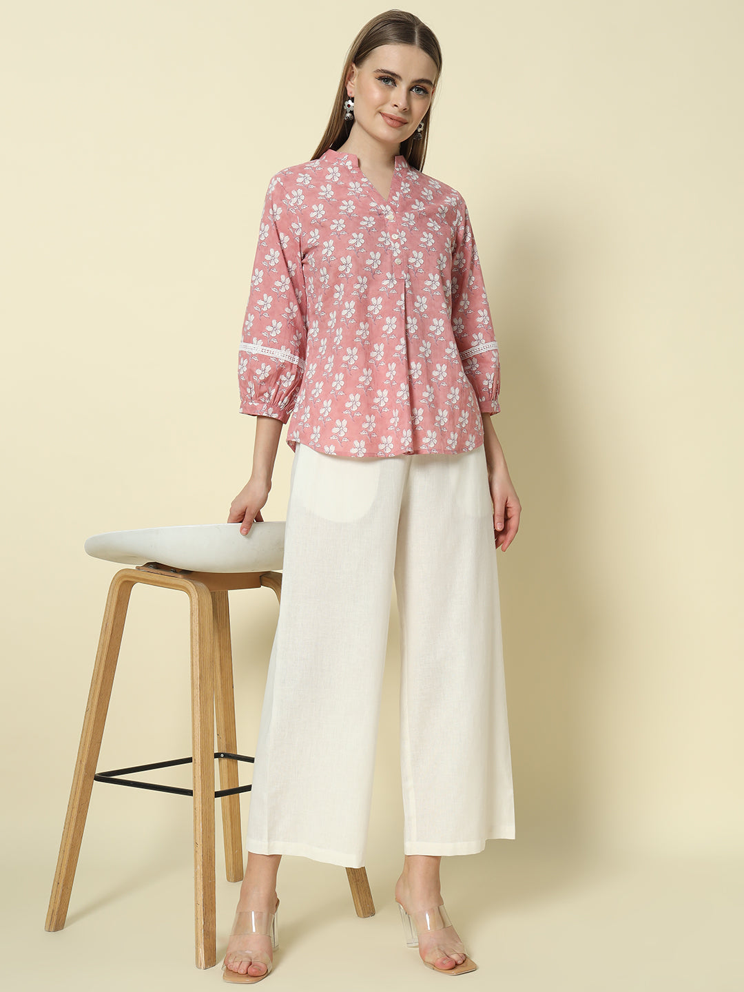 FIORRA Women's Off White Cotton Solid Palazzo