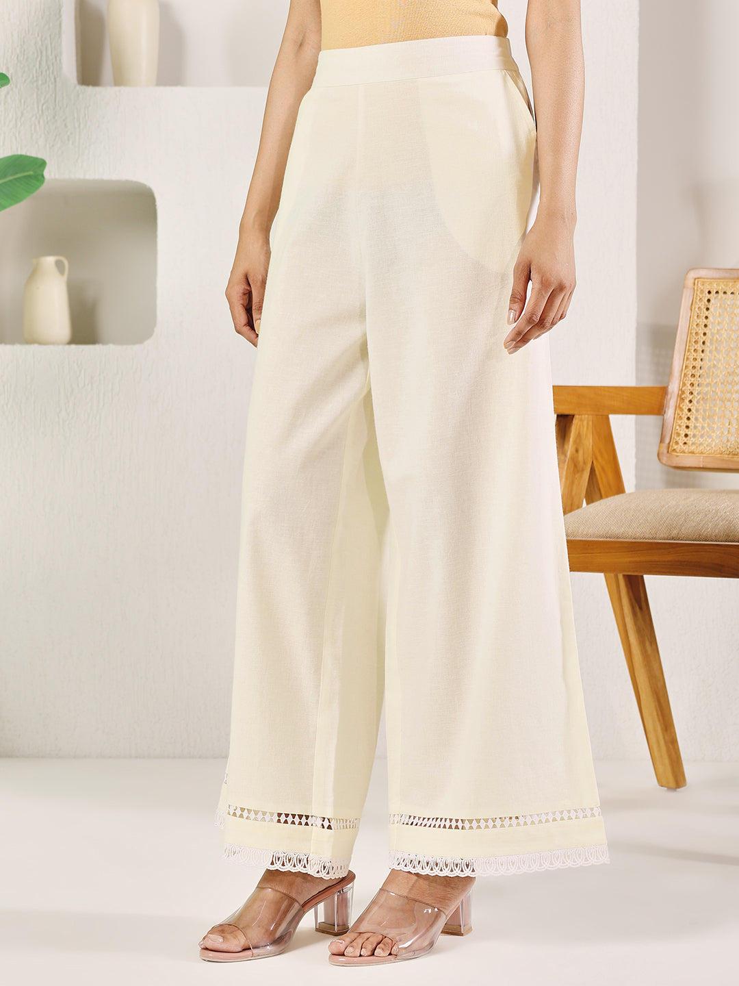 FIORRA Women's Off-White Cotton Solid Palazzo