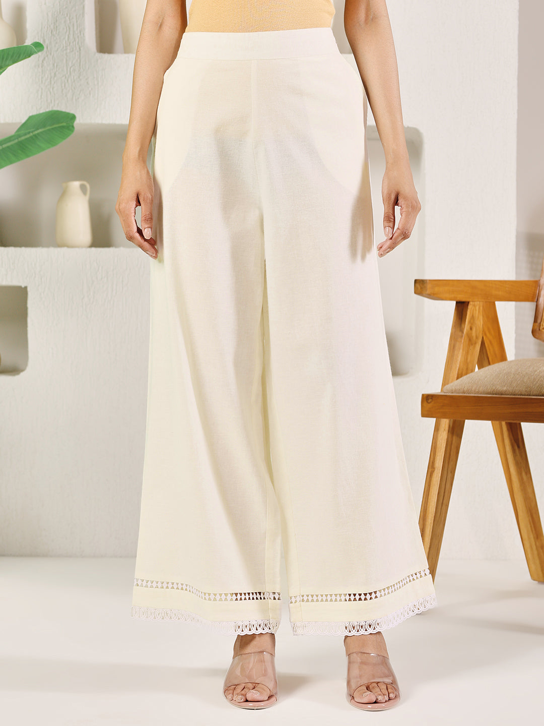 FIORRA Women's Off-White Cotton Solid Palazzo