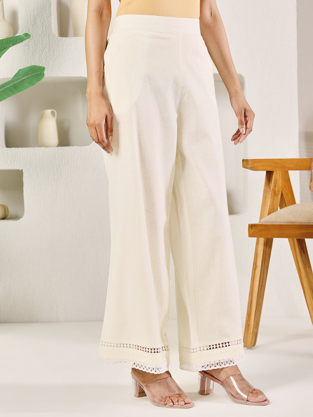 FIORRA Women's Off-White Cotton Solid Palazzo