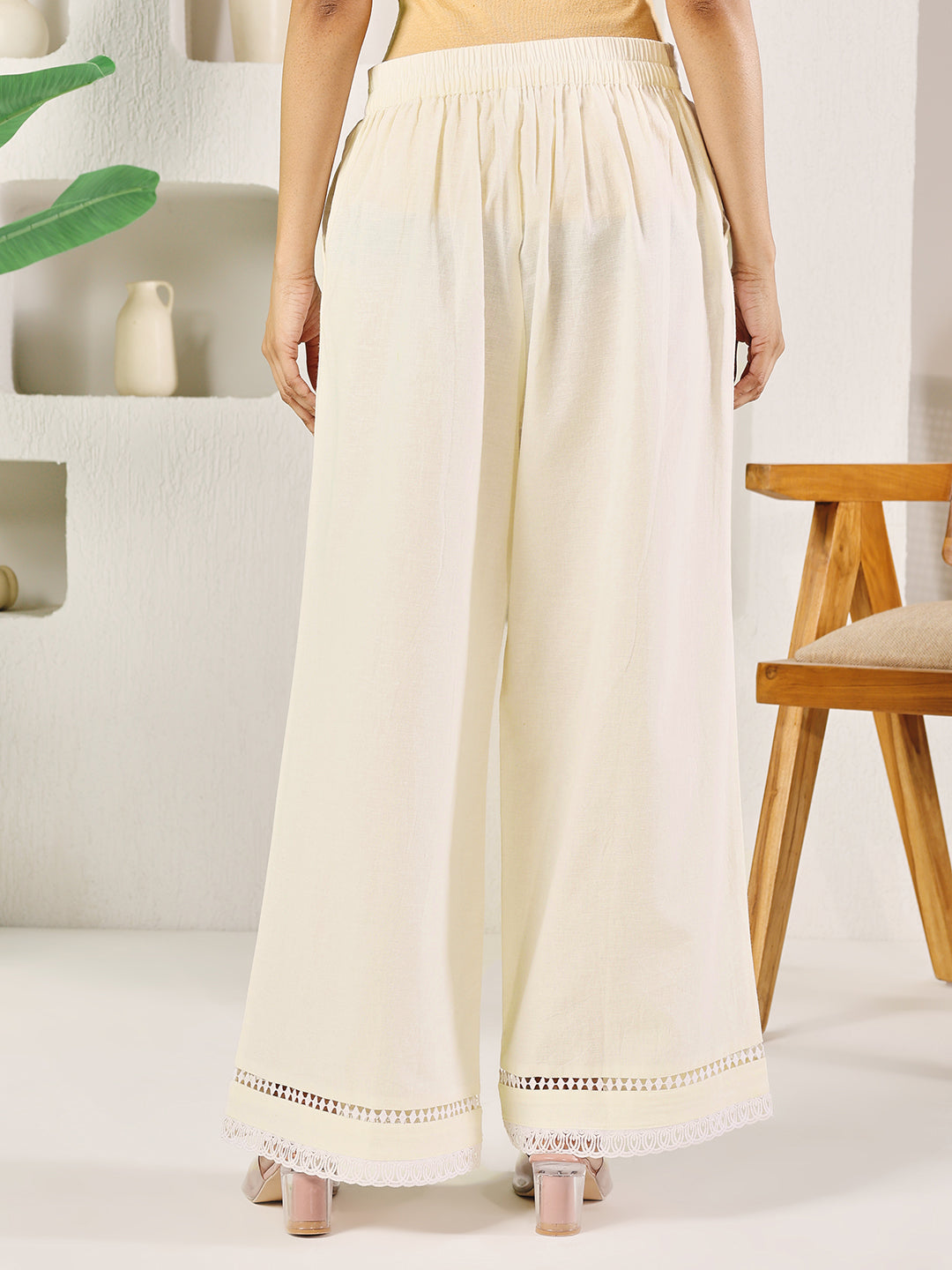 FIORRA Women's Off-White Cotton Solid Palazzo