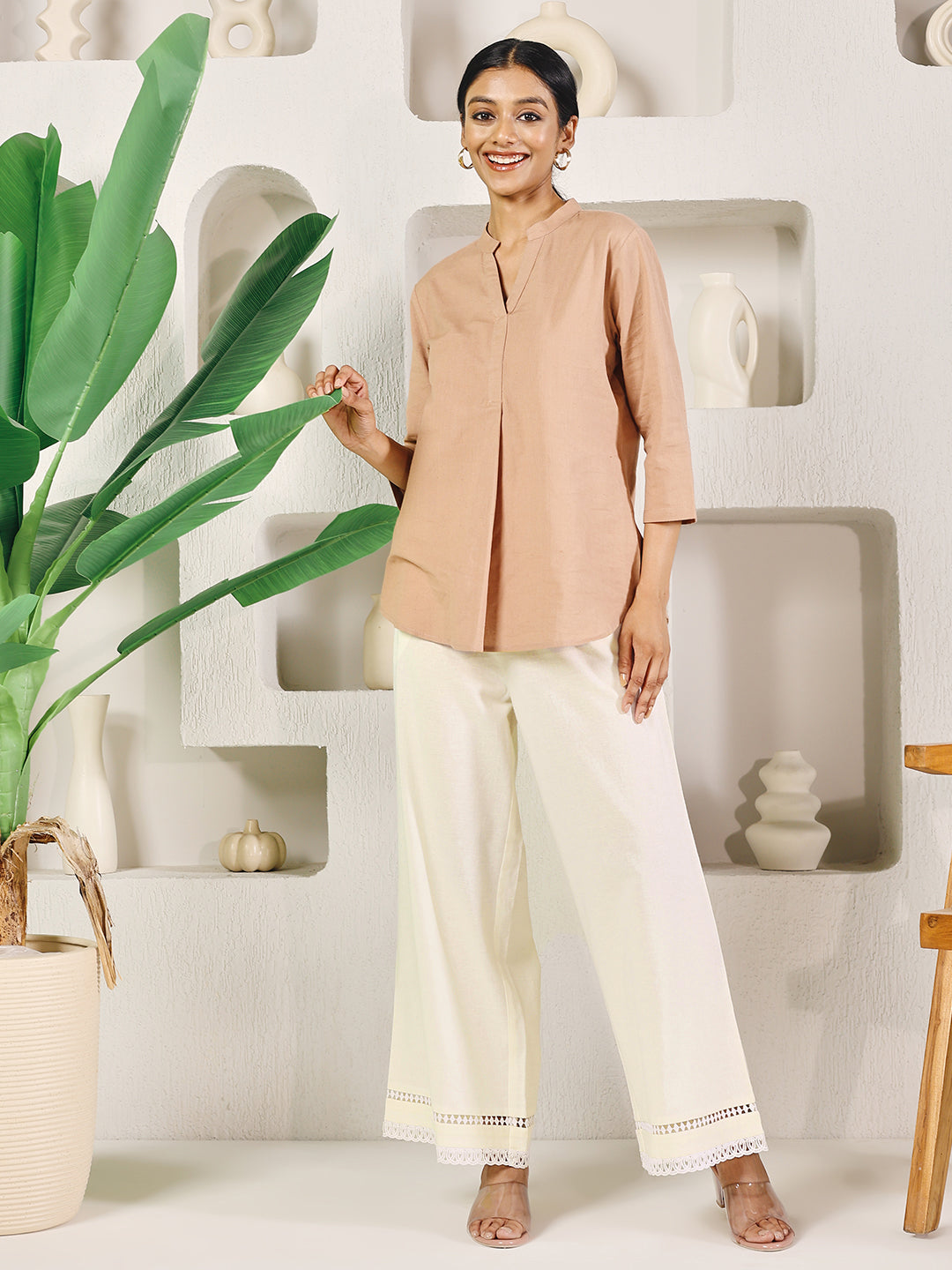 FIORRA Women's Off-White Cotton Solid Palazzo