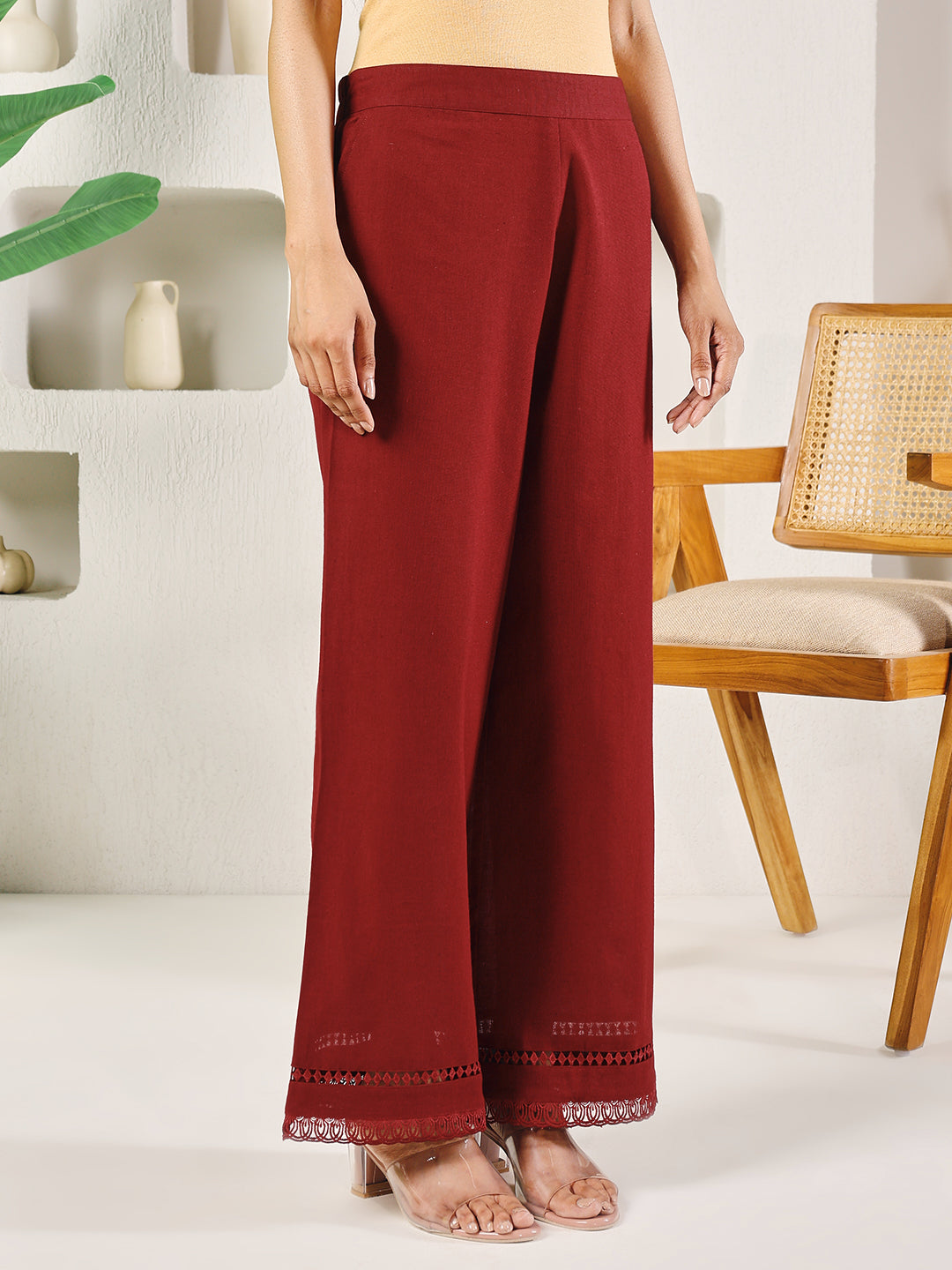 FIORRA Women's Maroon Cotton Solid Palazzo