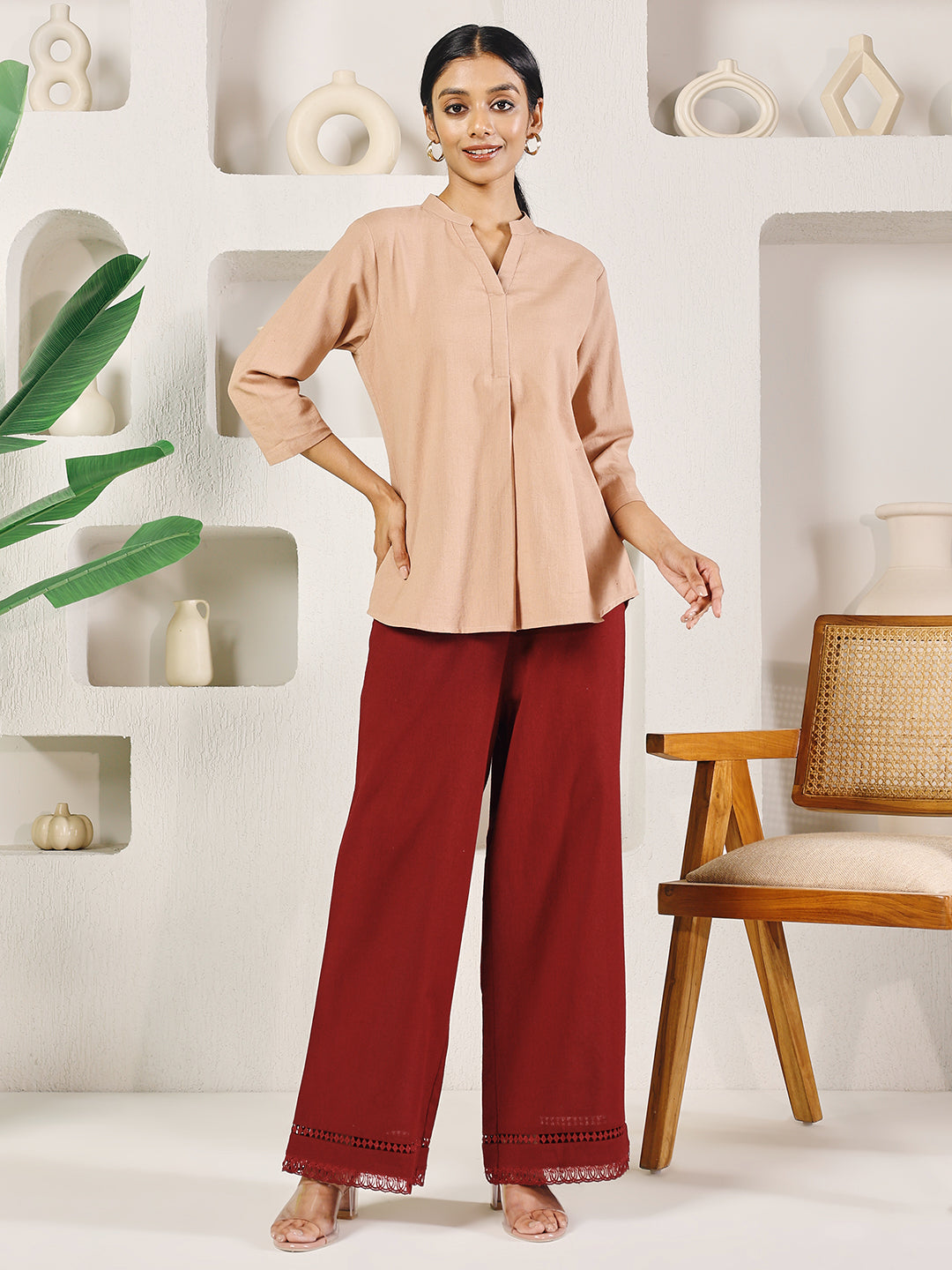 FIORRA Women's Maroon Cotton Solid Palazzo