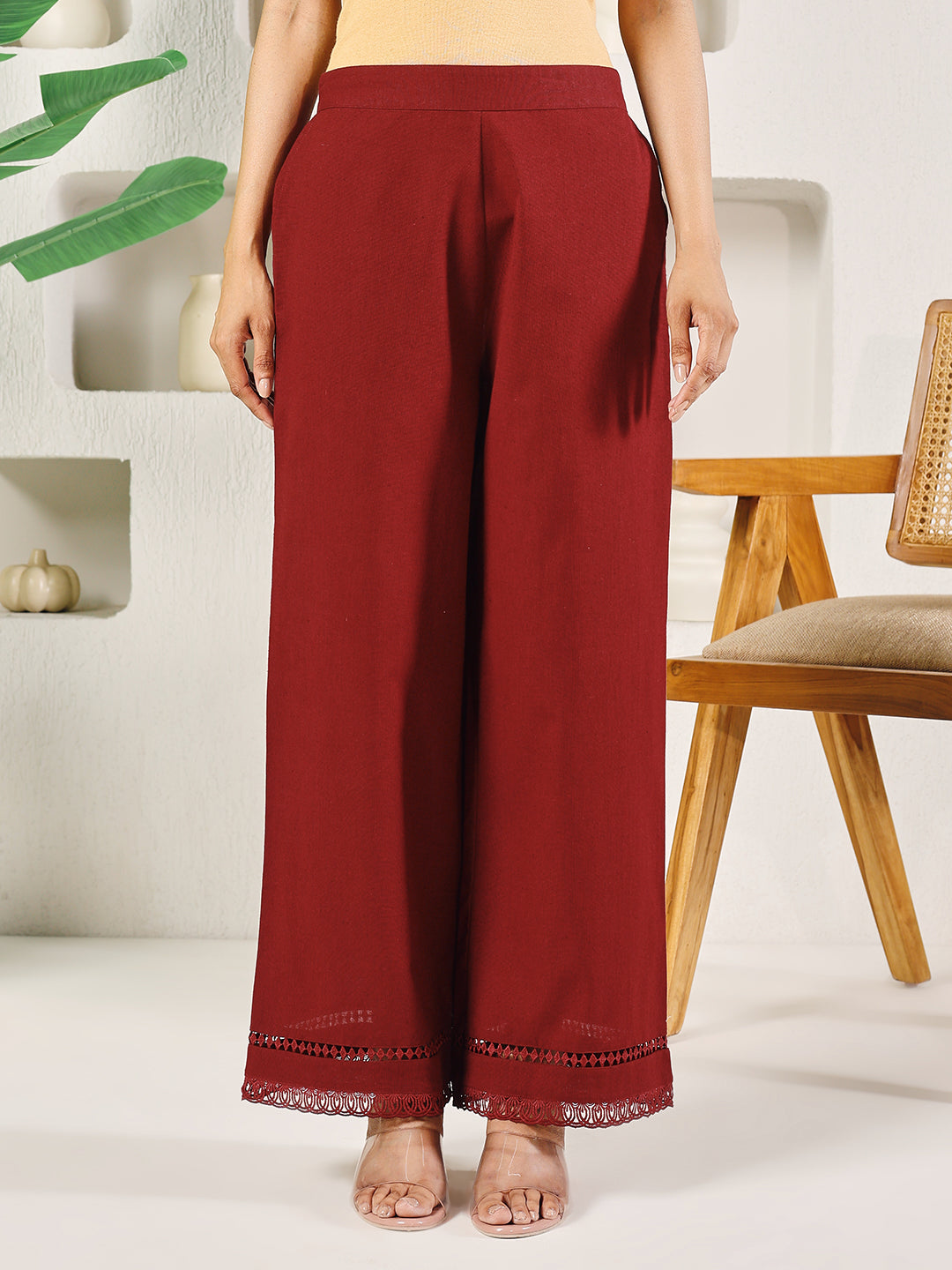 FIORRA Women's Maroon Cotton Solid Palazzo