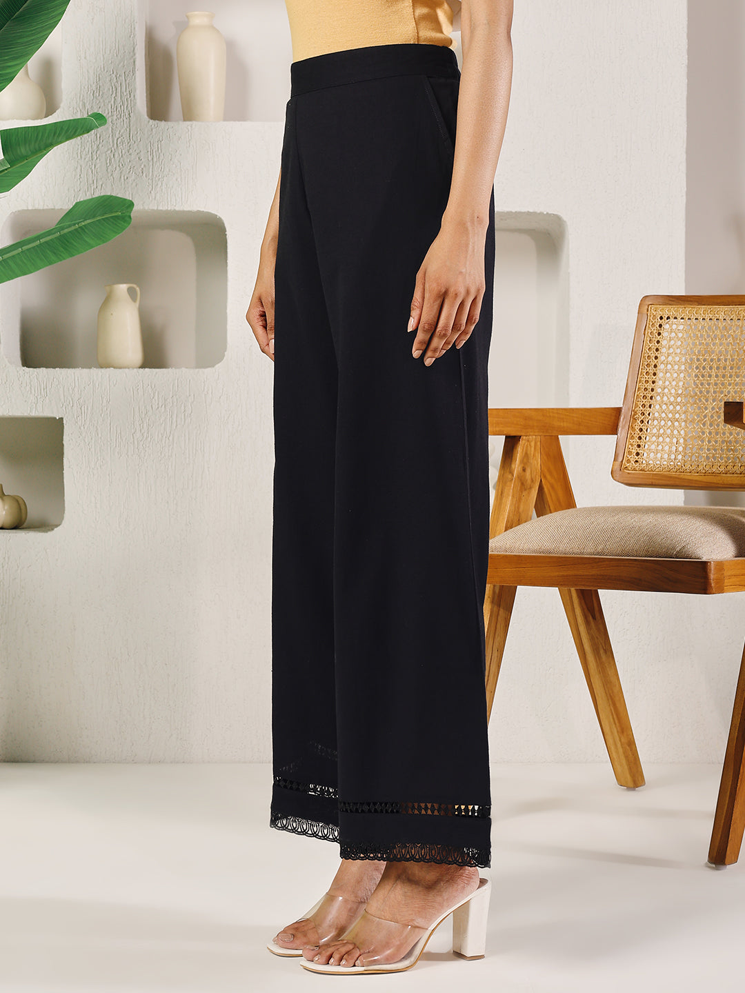 FIORRA Women's Black Cotton Solid Palazzo