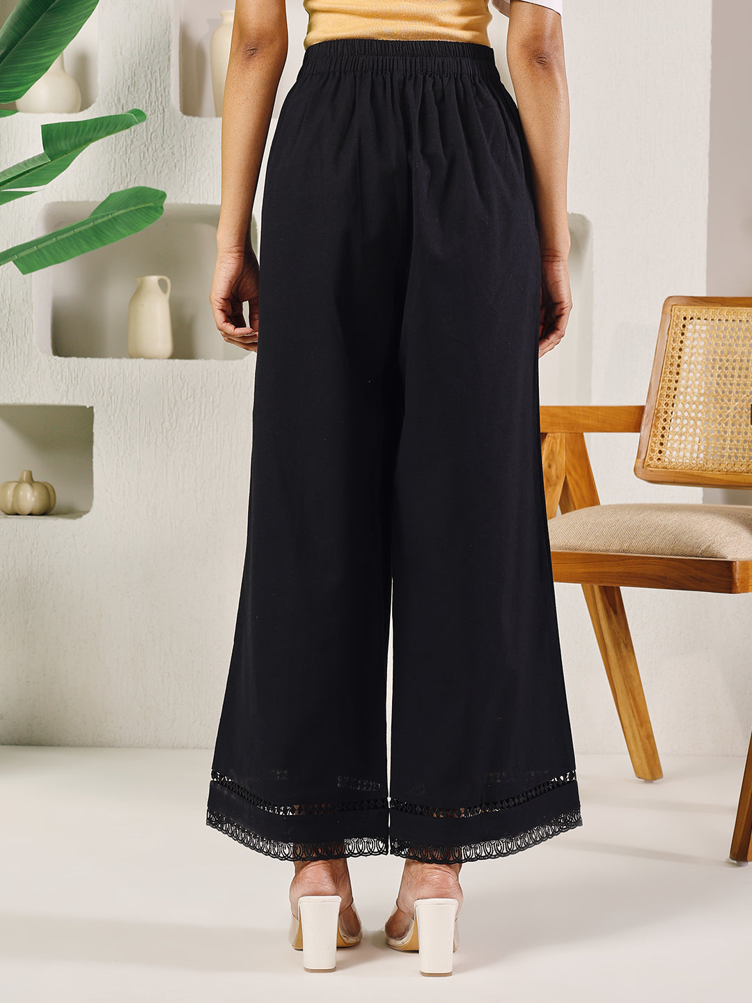 FIORRA Women's Black Cotton Solid Palazzo