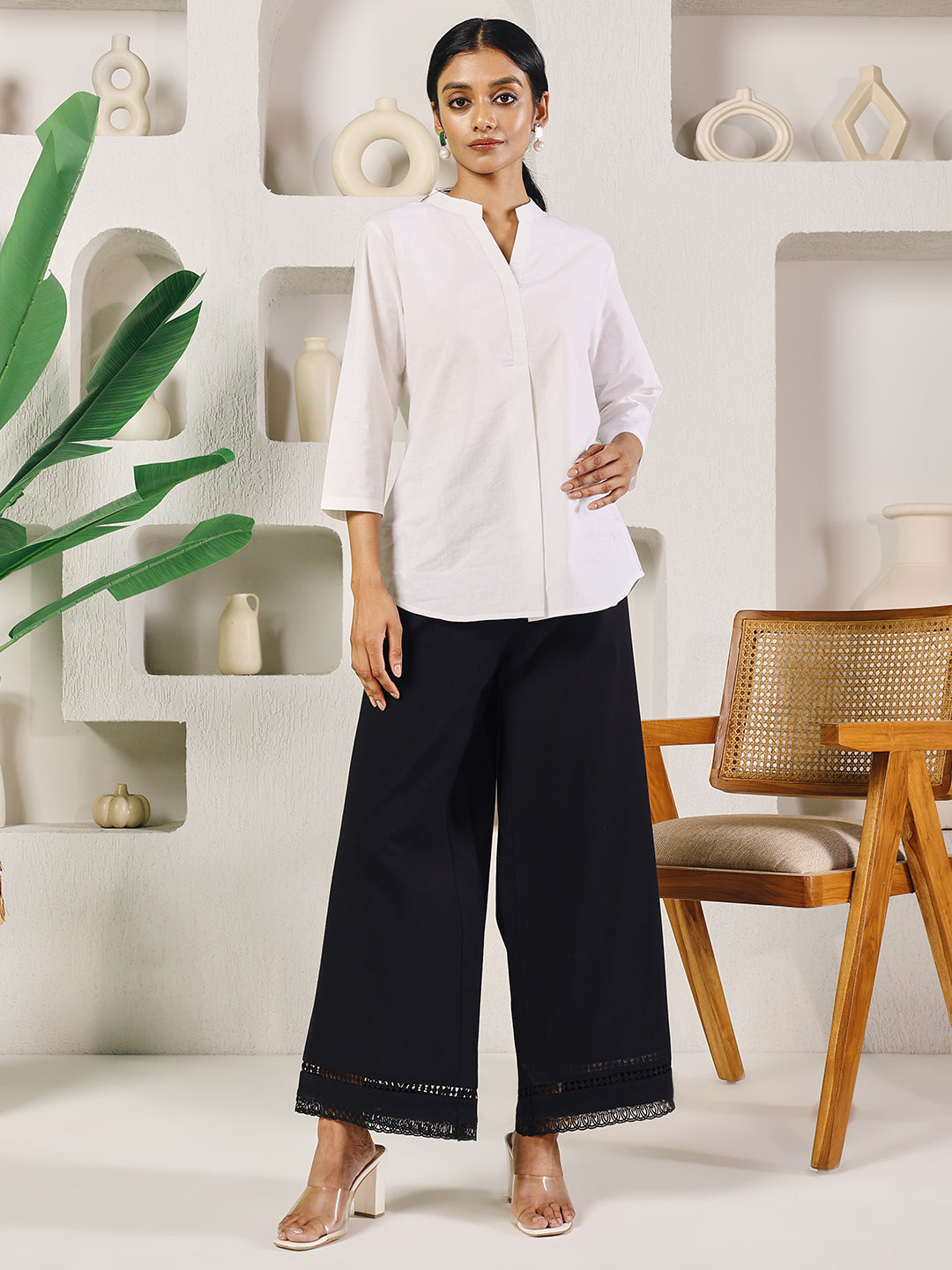 FIORRA Women's Black Cotton Solid Palazzo