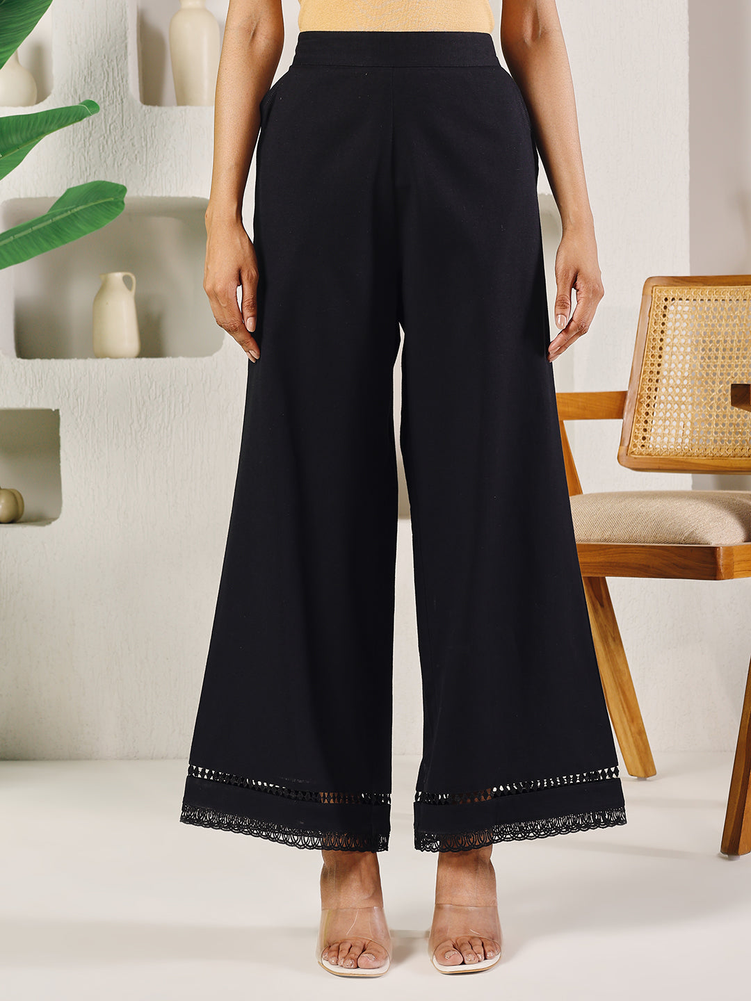 FIORRA Women's Black Cotton Solid Palazzo