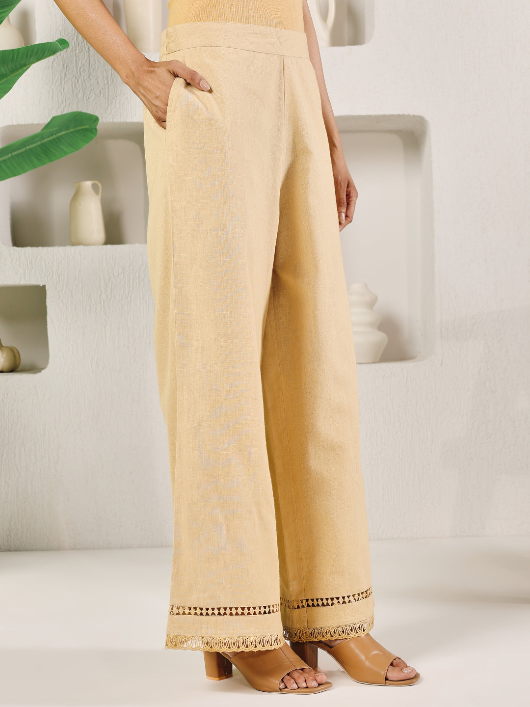 FIORRA Women's Beige Cotton Solid Palazzo