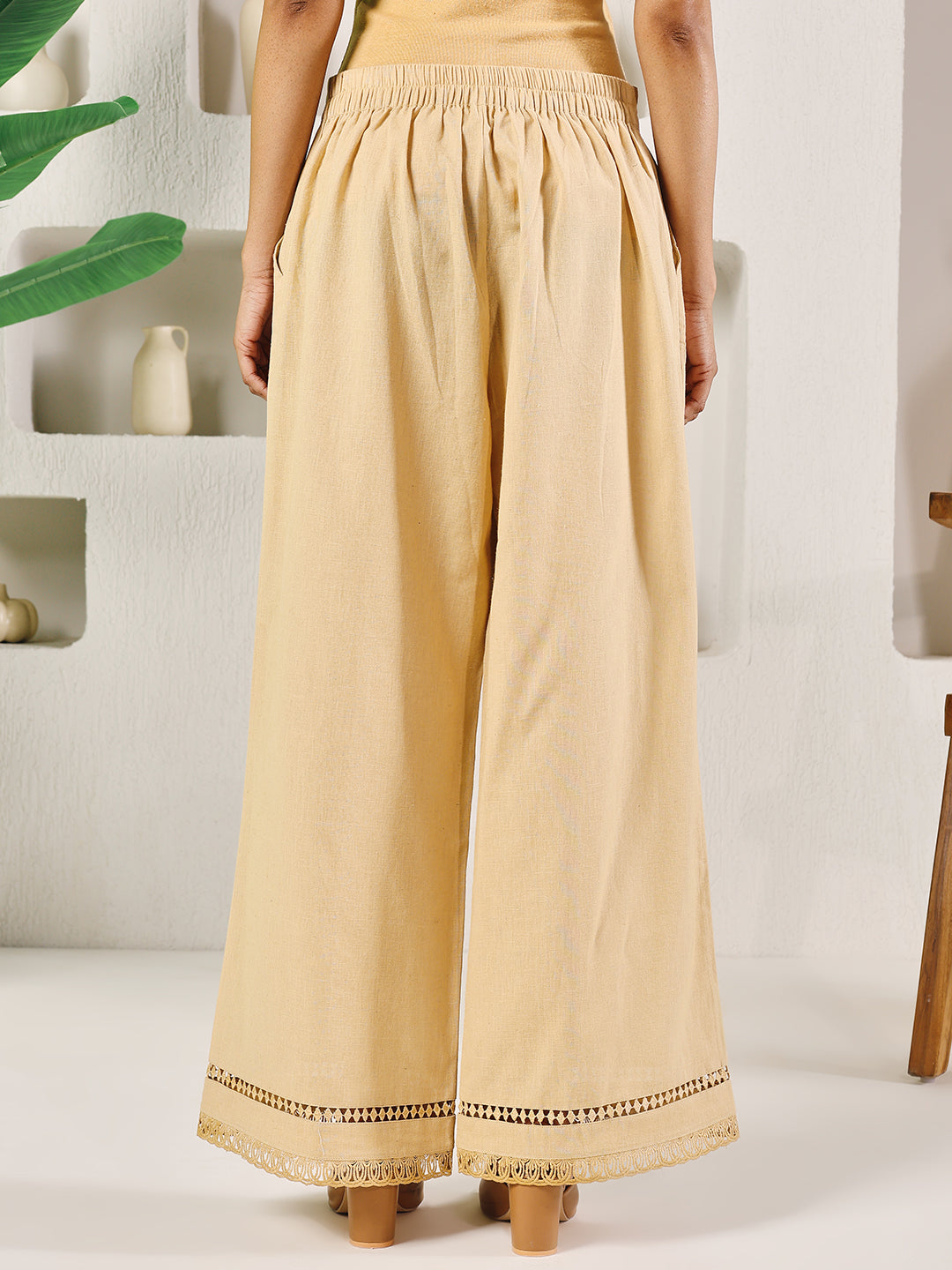 FIORRA Women's Beige Cotton Solid Palazzo