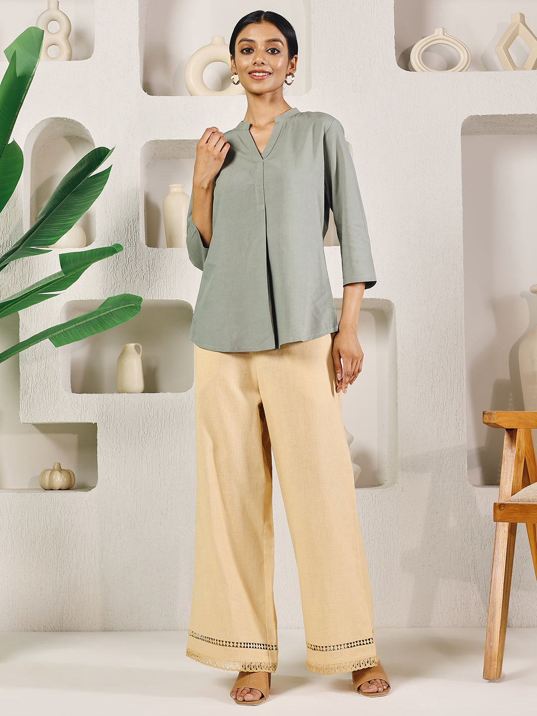 FIORRA Women's Beige Cotton Solid Palazzo