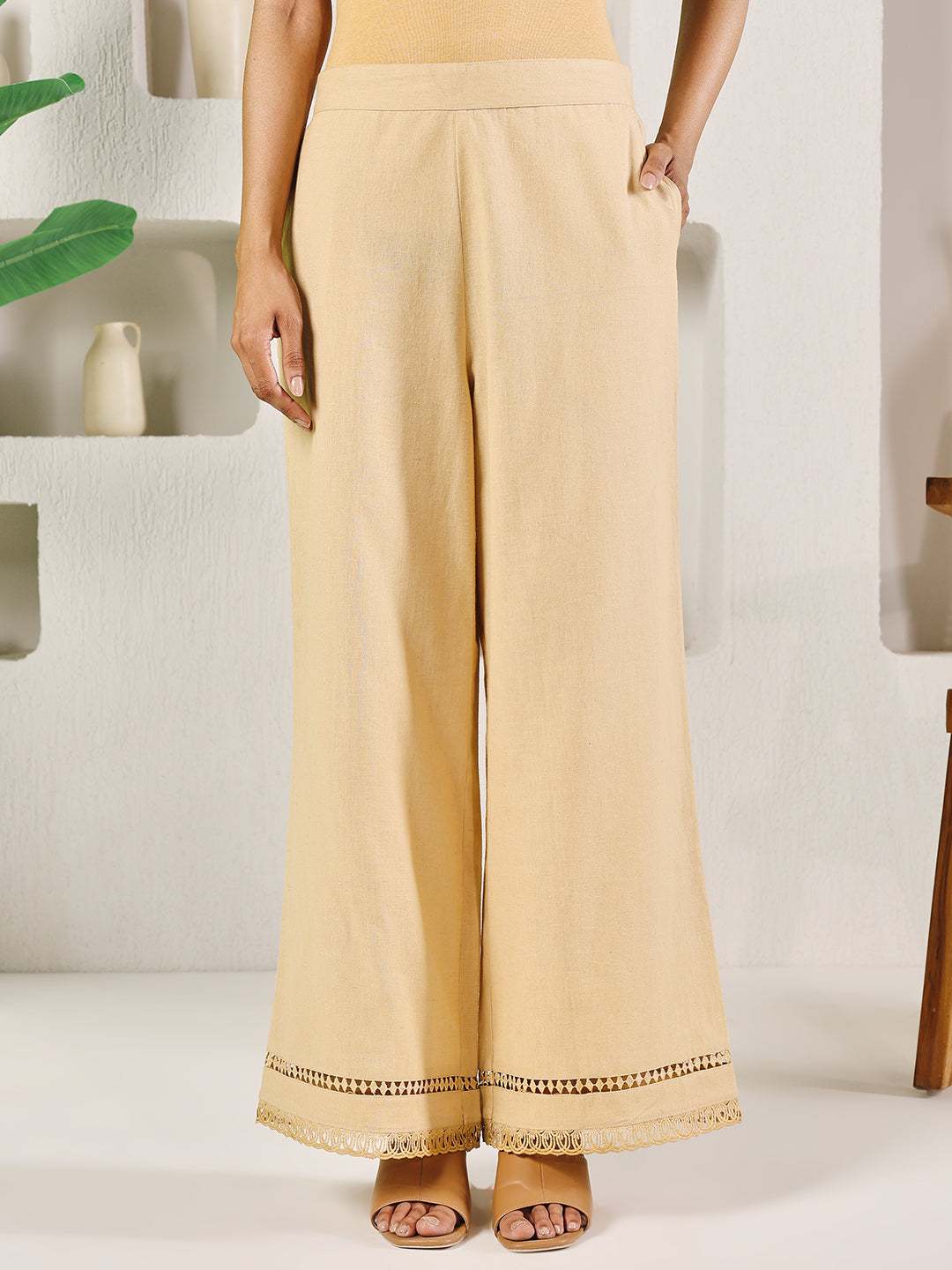 FIORRA Women's Beige Cotton Solid Palazzo