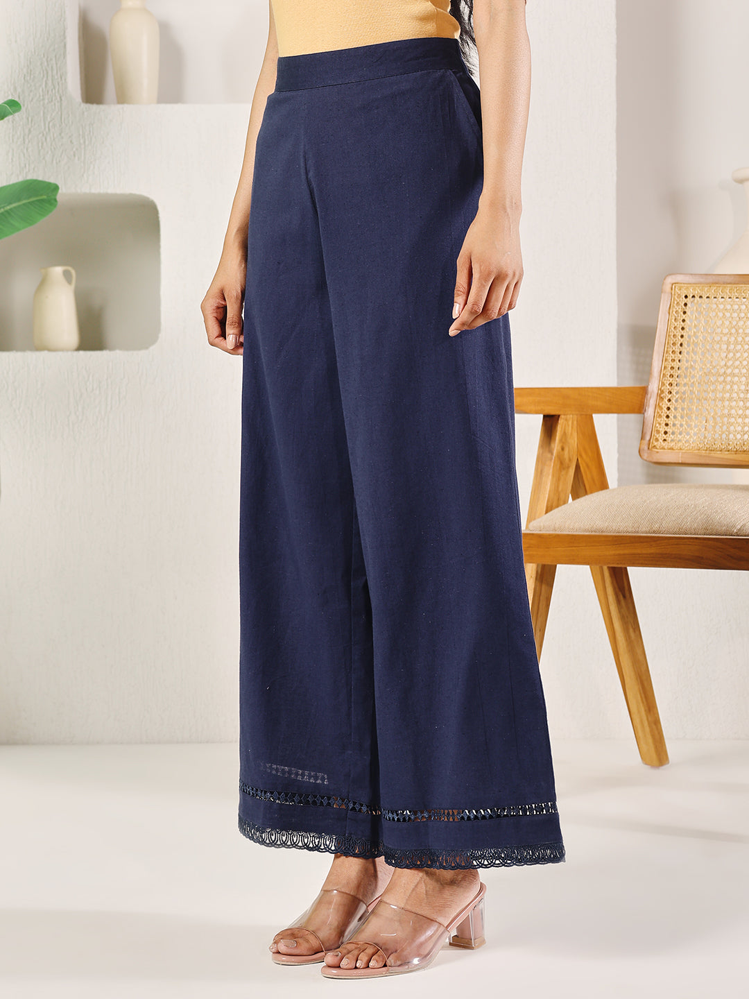 FIORRA Women's Navy Blue Cotton Solid Palazzo