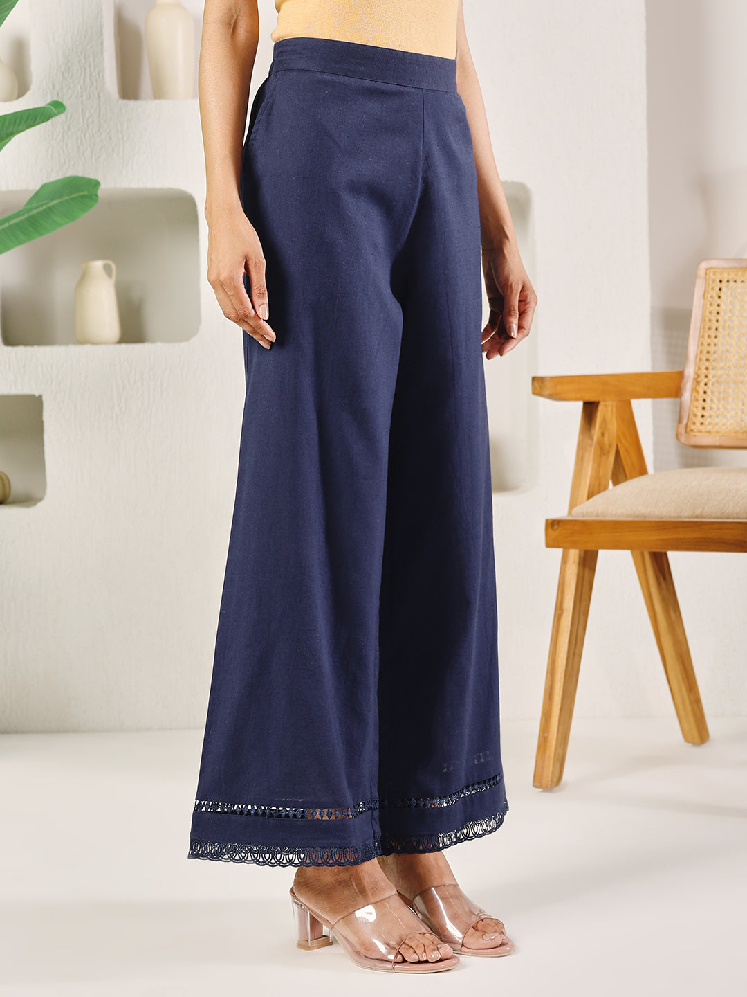 FIORRA Women's Navy Blue Cotton Solid Palazzo