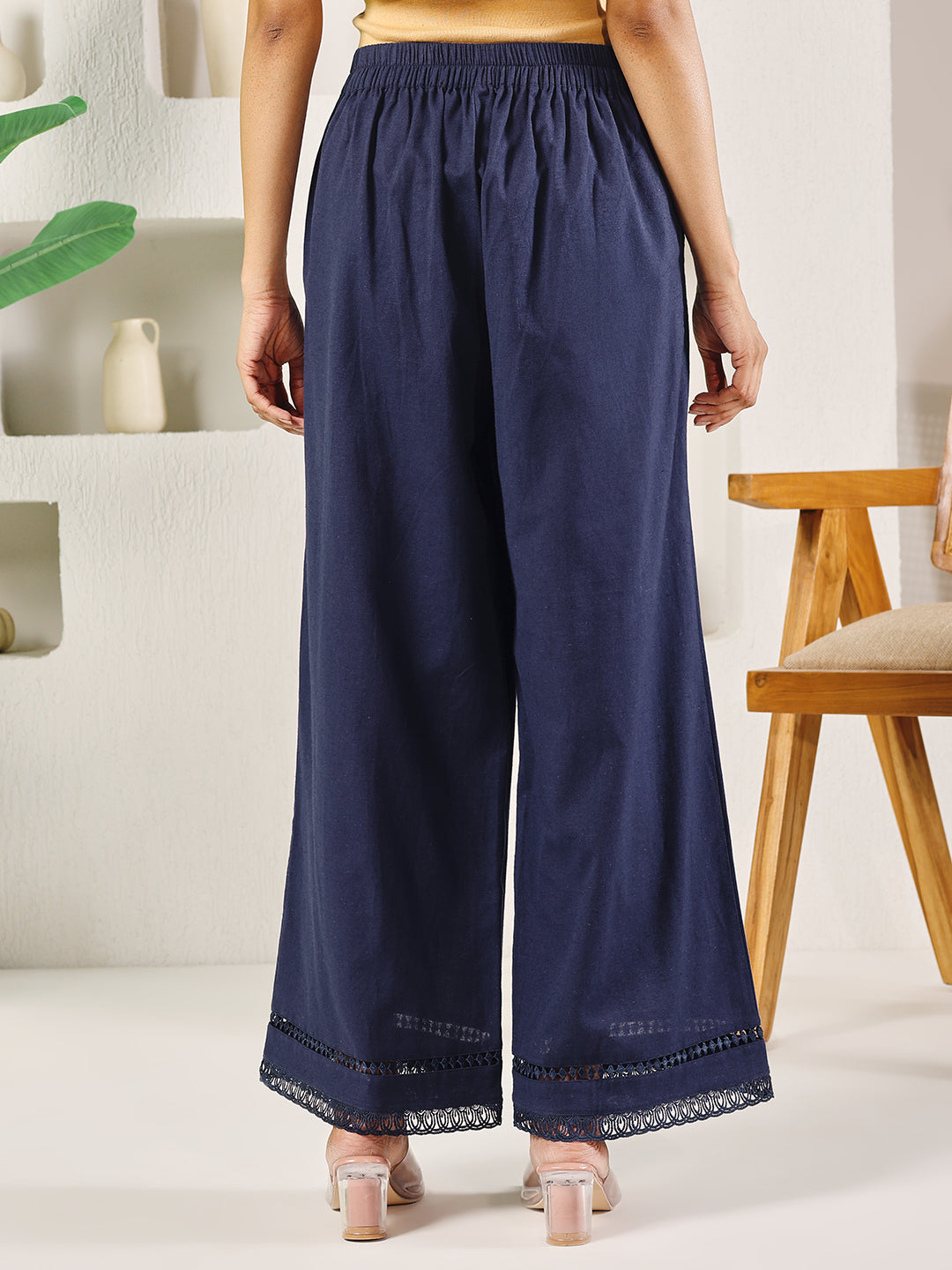 FIORRA Women's Navy Blue Cotton Solid Palazzo