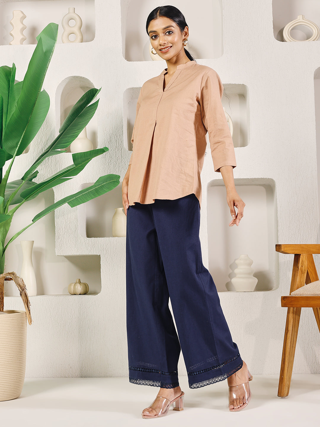 FIORRA Women's Navy Blue Cotton Solid Palazzo