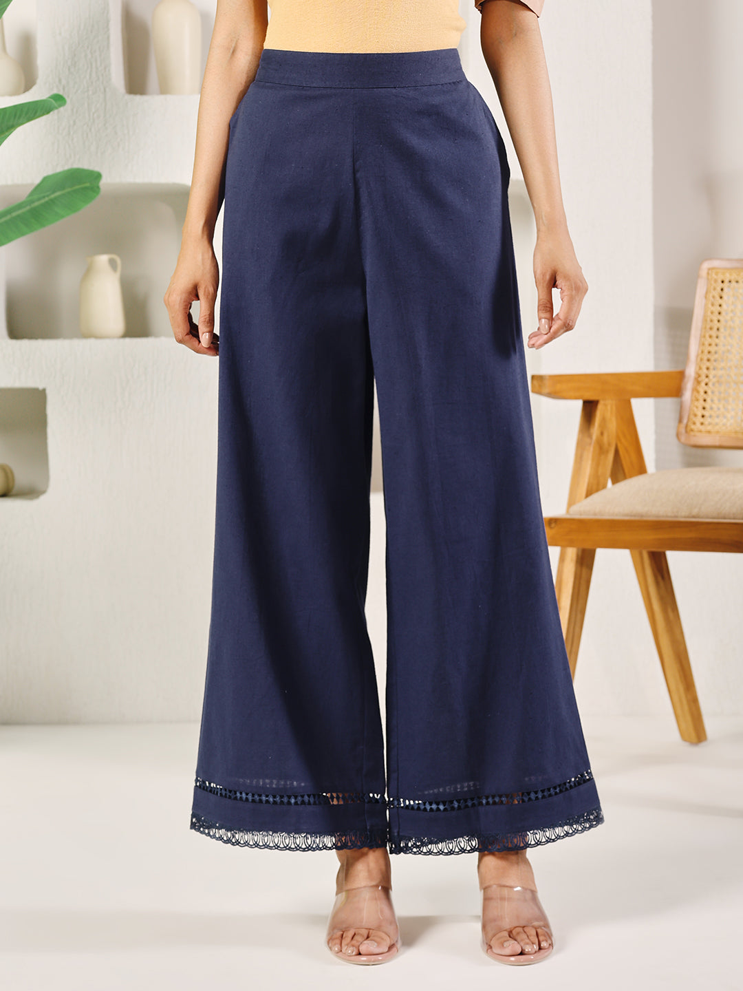 FIORRA Women's Navy Blue Cotton Solid Palazzo