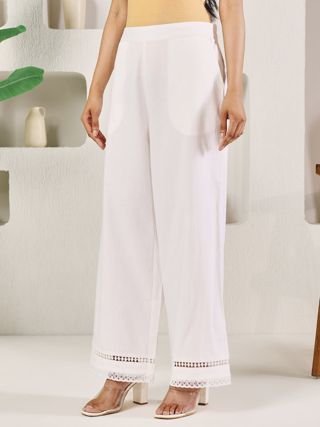 FIORRA Women's White Cotton Solid Palazzo