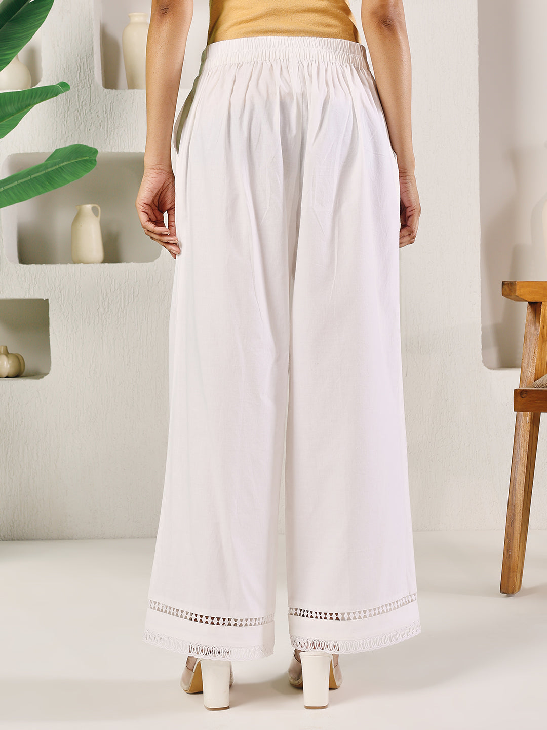 FIORRA Women's White Cotton Solid Palazzo