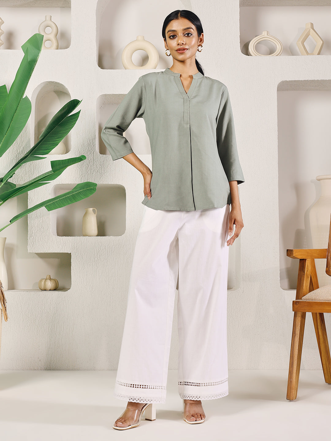 FIORRA Women's White Cotton Solid Palazzo