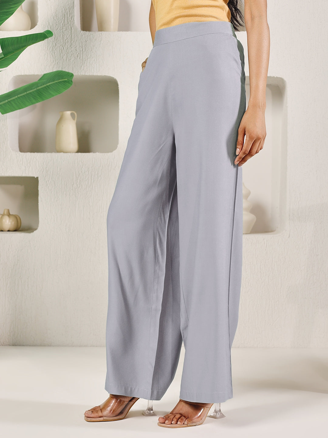 FIORRA Women's Light Grey Rayon Solid Palazzo