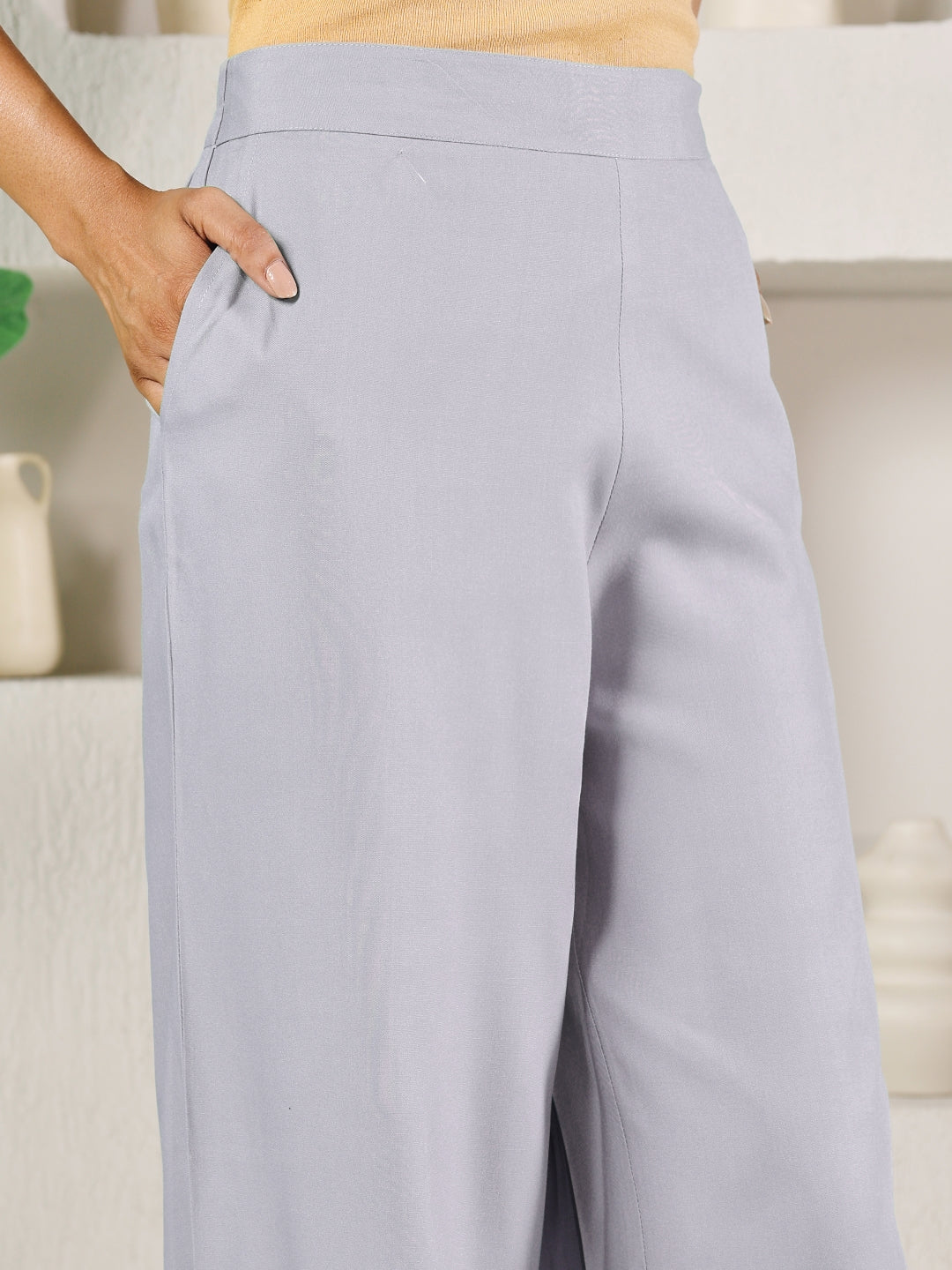 FIORRA Women's Light Grey Rayon Solid Palazzo