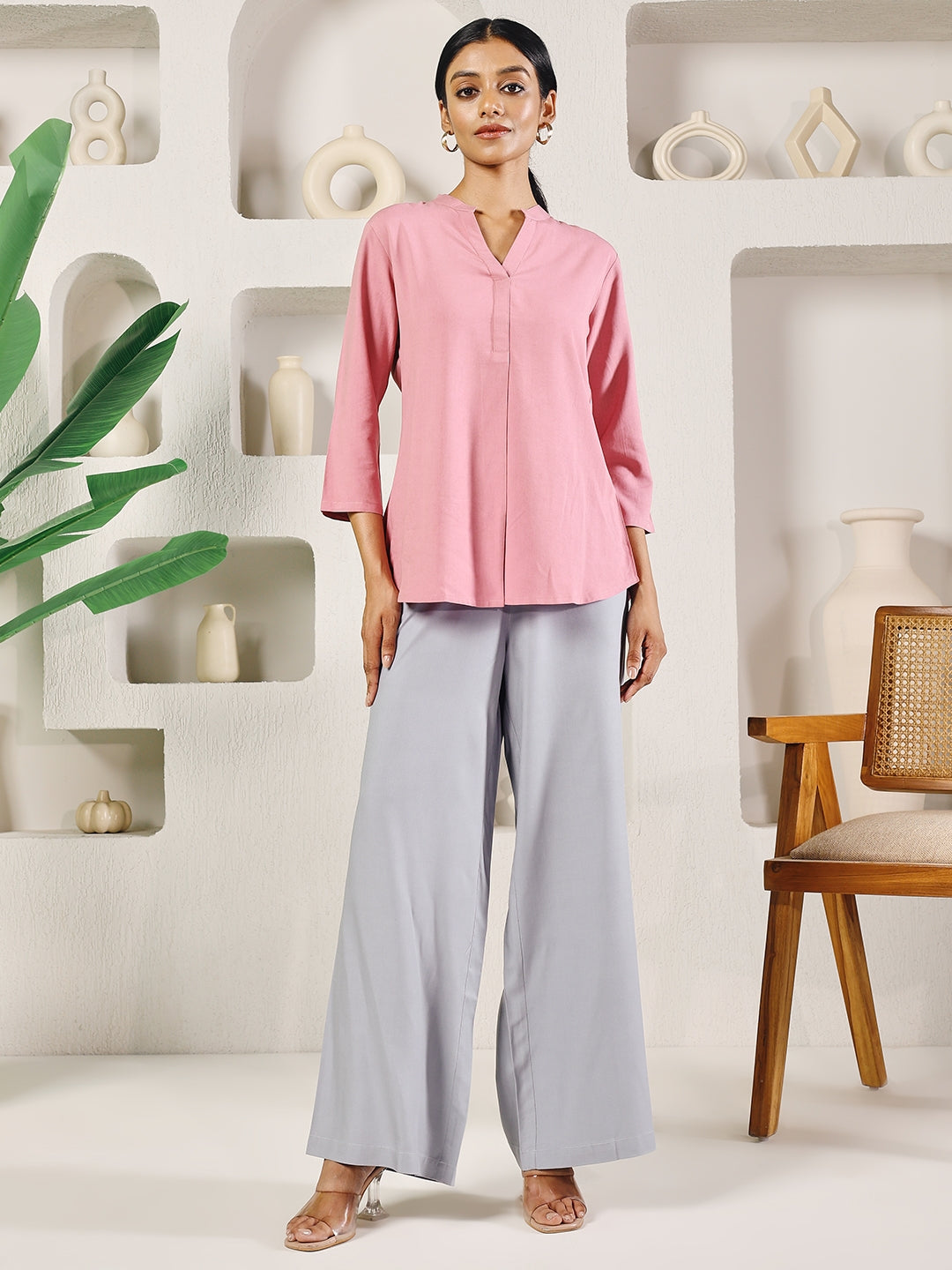 FIORRA Women's Light Grey Rayon Solid Palazzo