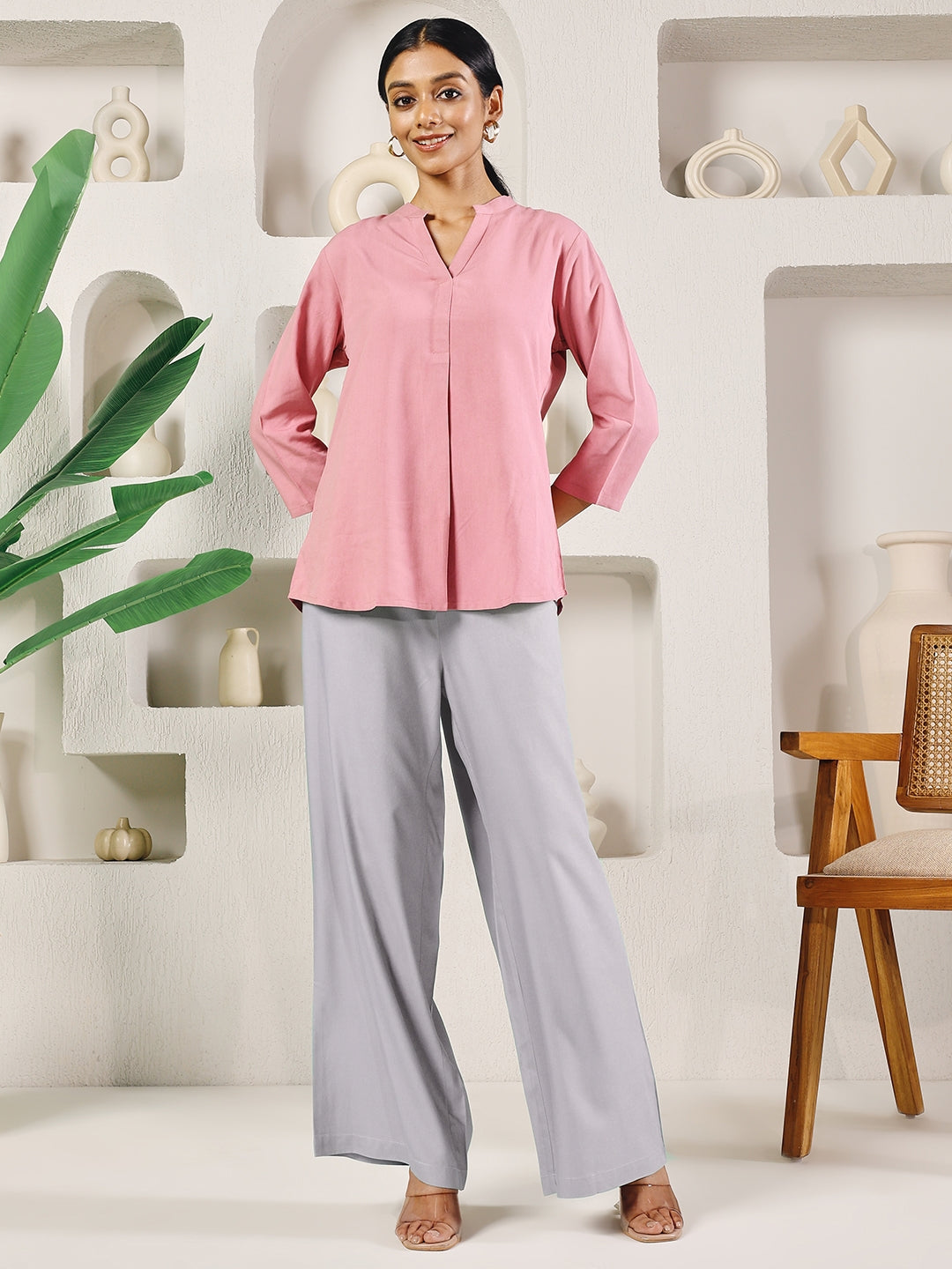 FIORRA Women's Light Grey Rayon Solid Palazzo