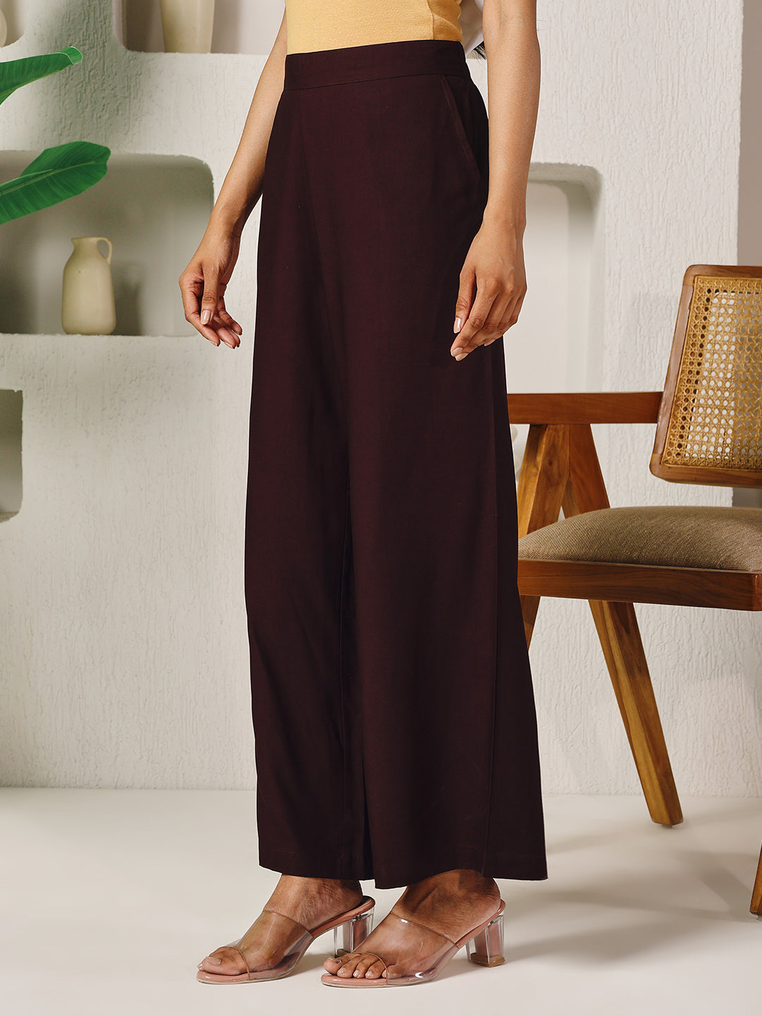 FIORRA Women's Brown Rayon Solid Palazzo