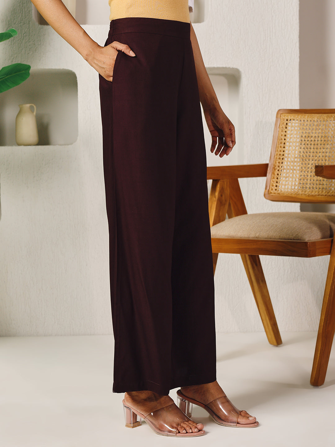 FIORRA Women's Brown Rayon Solid Palazzo