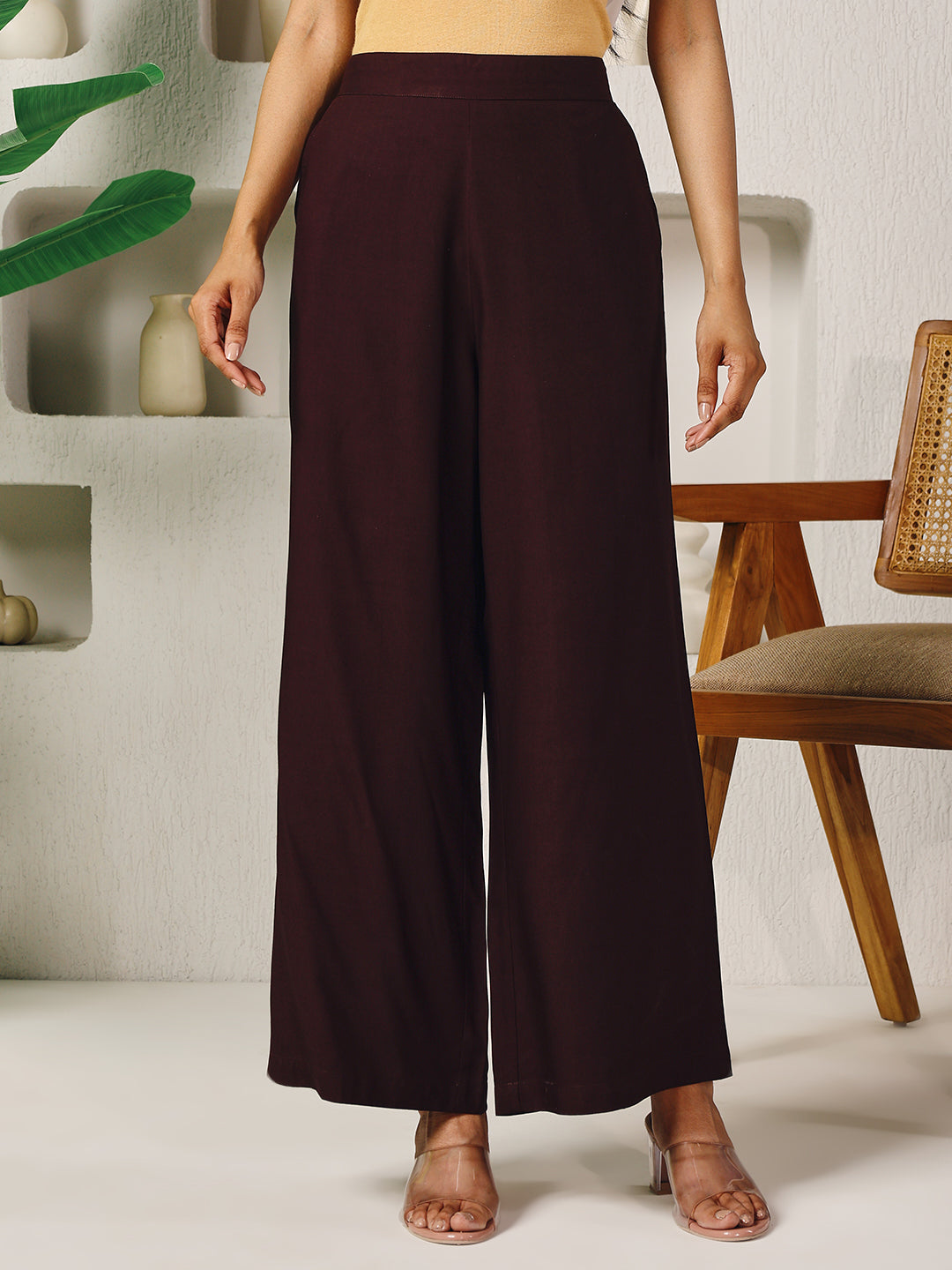 FIORRA Women's Brown Rayon Solid Palazzo