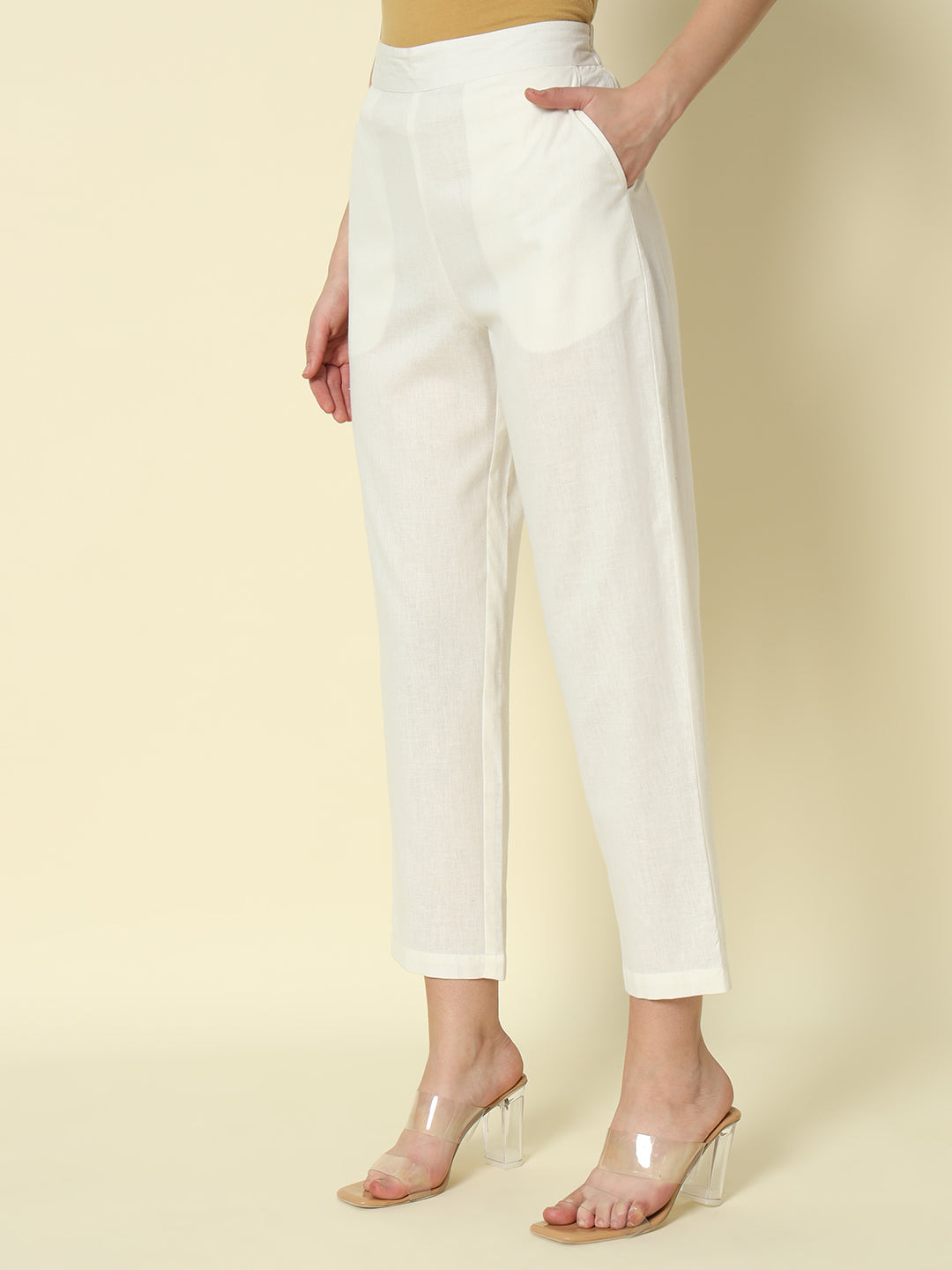 FIORRA Women's Off White Cotton Solid Pant