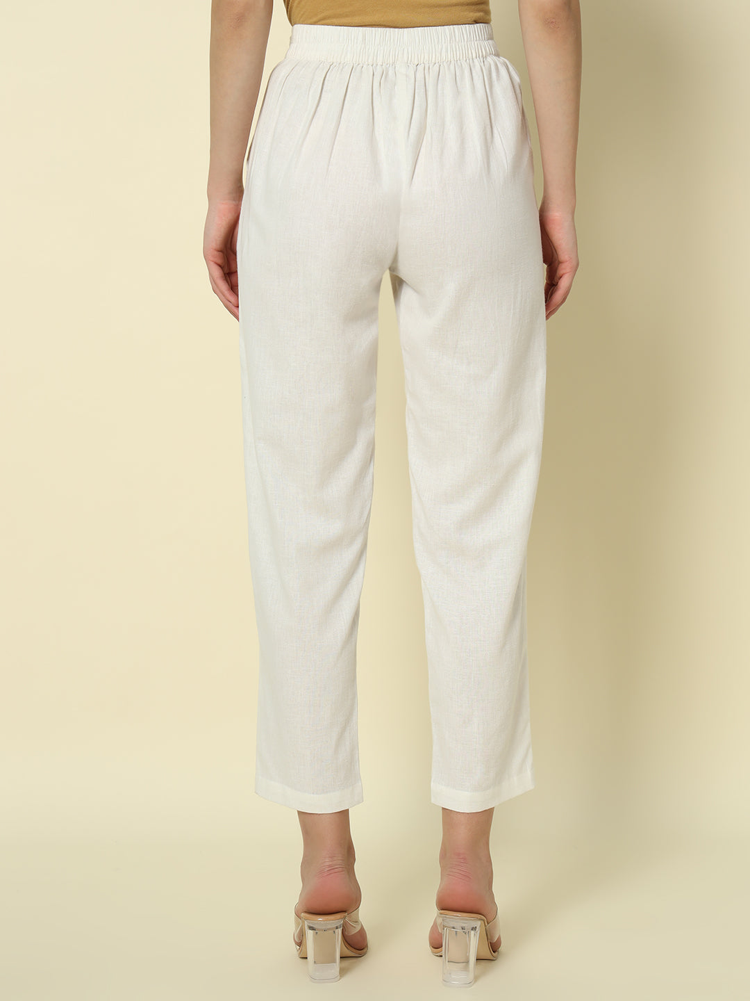 FIORRA Women's Off White Cotton Solid Pant
