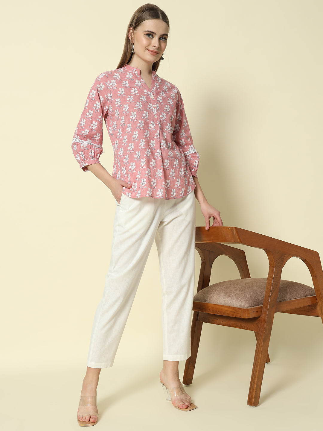 FIORRA Women's Off White Cotton Solid Pant