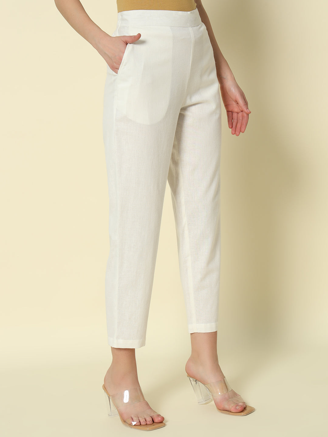 FIORRA Women's Off White Cotton Solid Pant