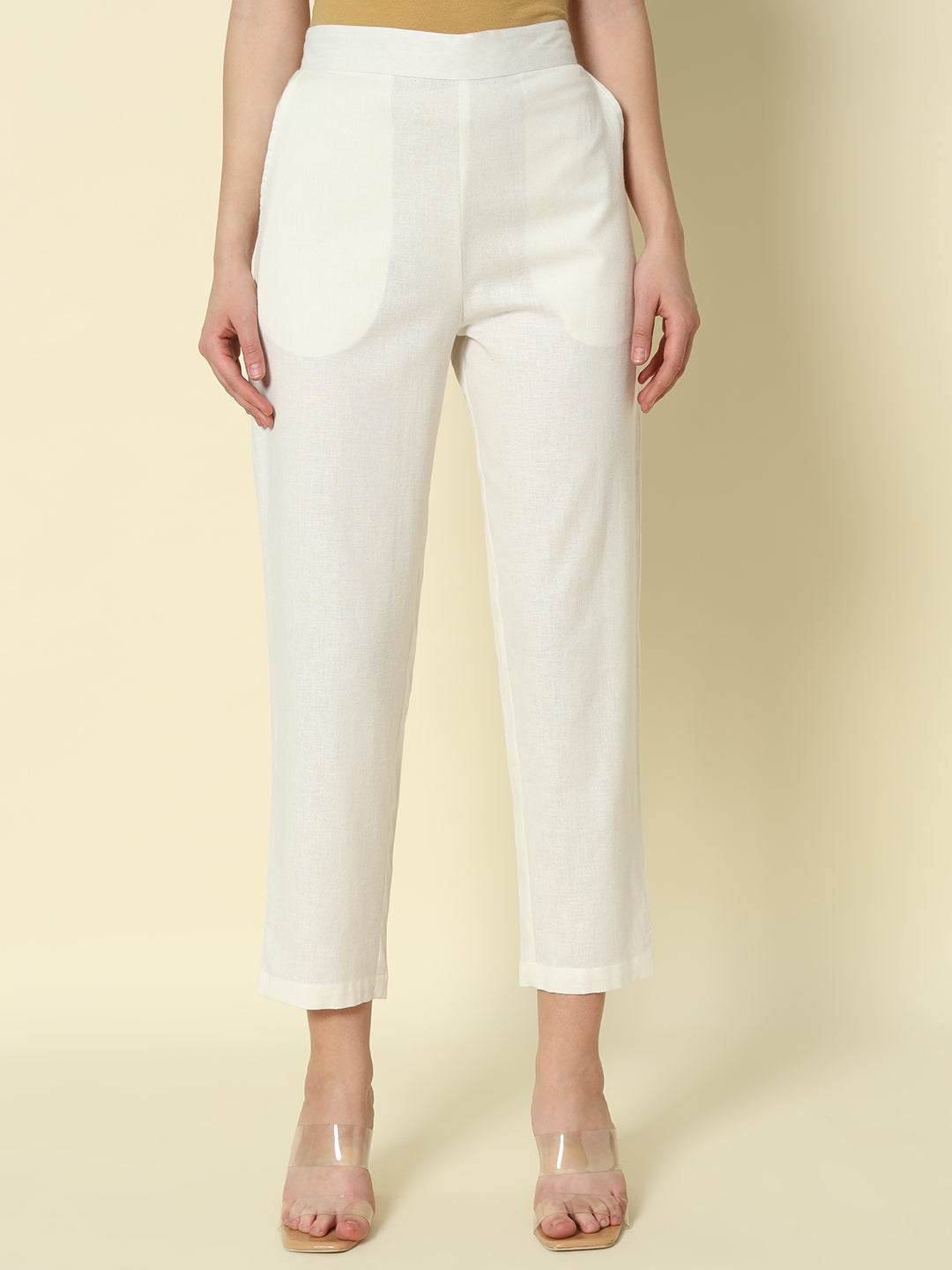 FIORRA Women's Off White Cotton Solid Pant