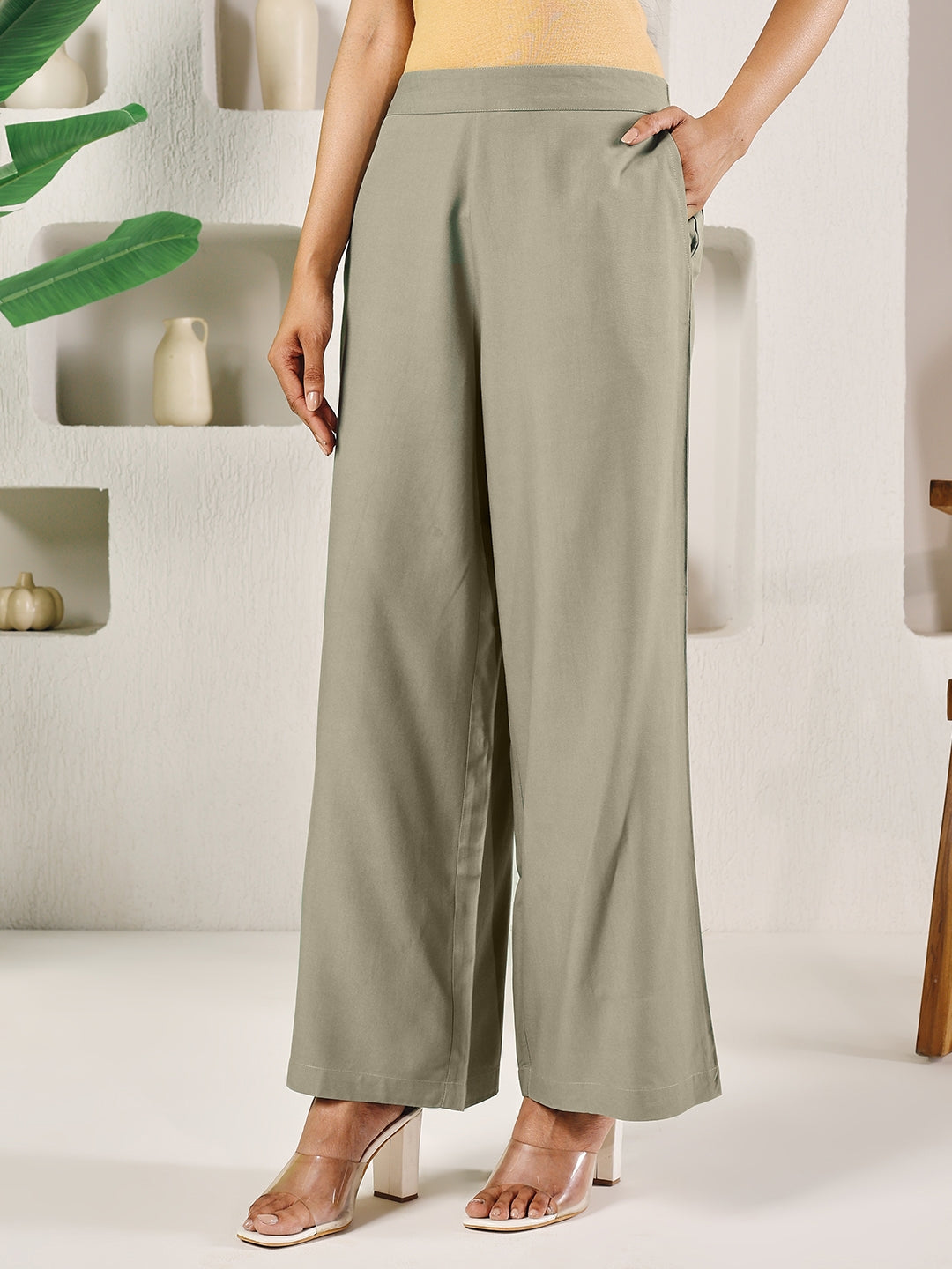 FIORRA Women's Light Green Cotton Solid Palazzo