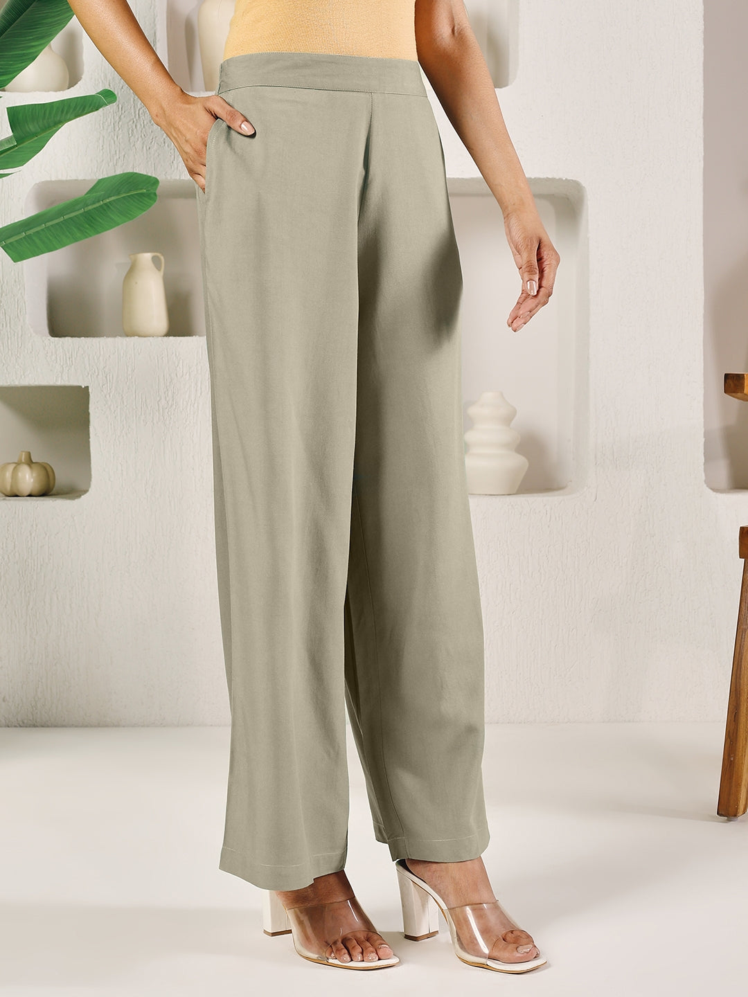 FIORRA Women's Light Green Cotton Solid Palazzo