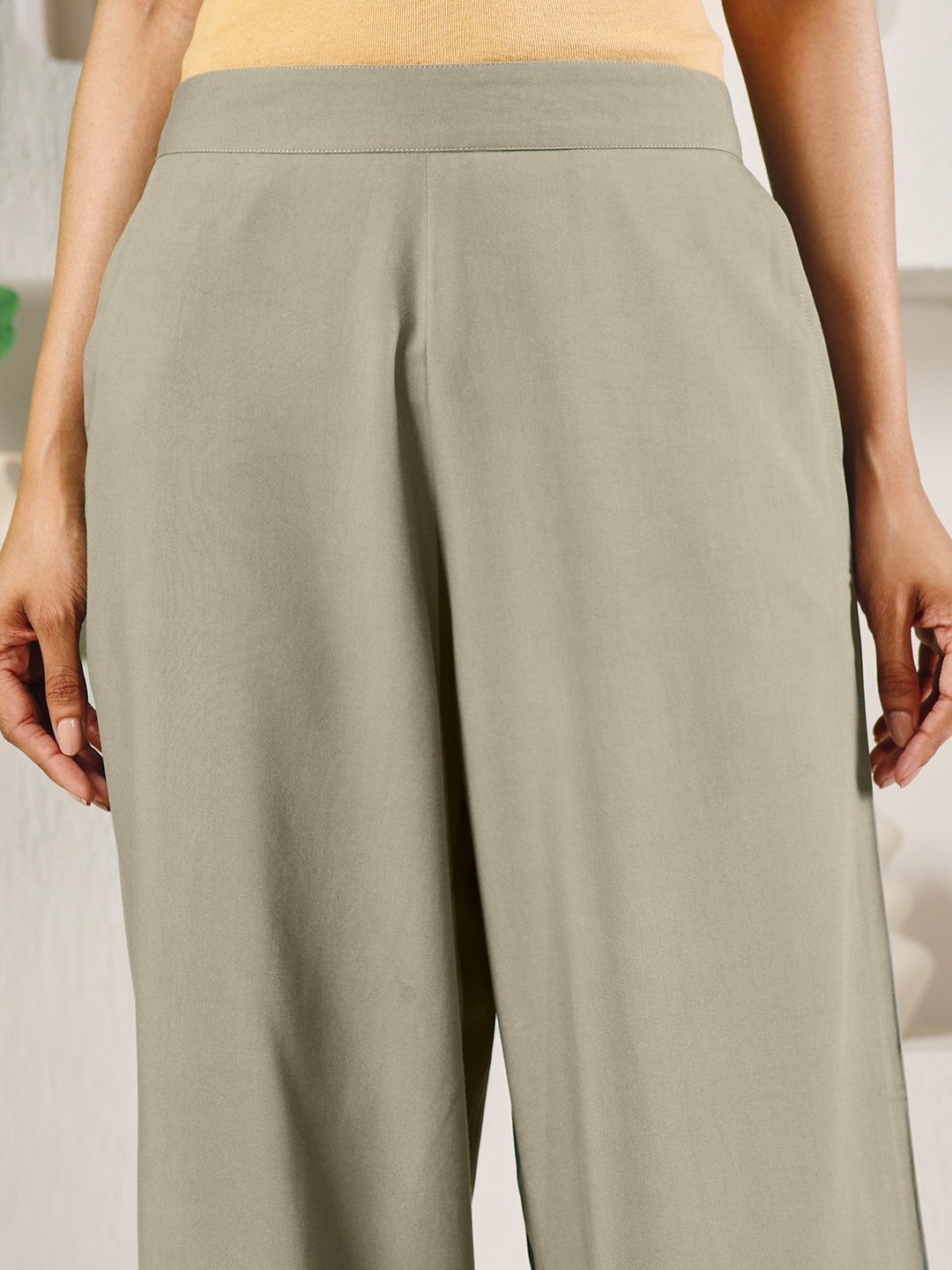 FIORRA Women's Light Green Cotton Solid Palazzo